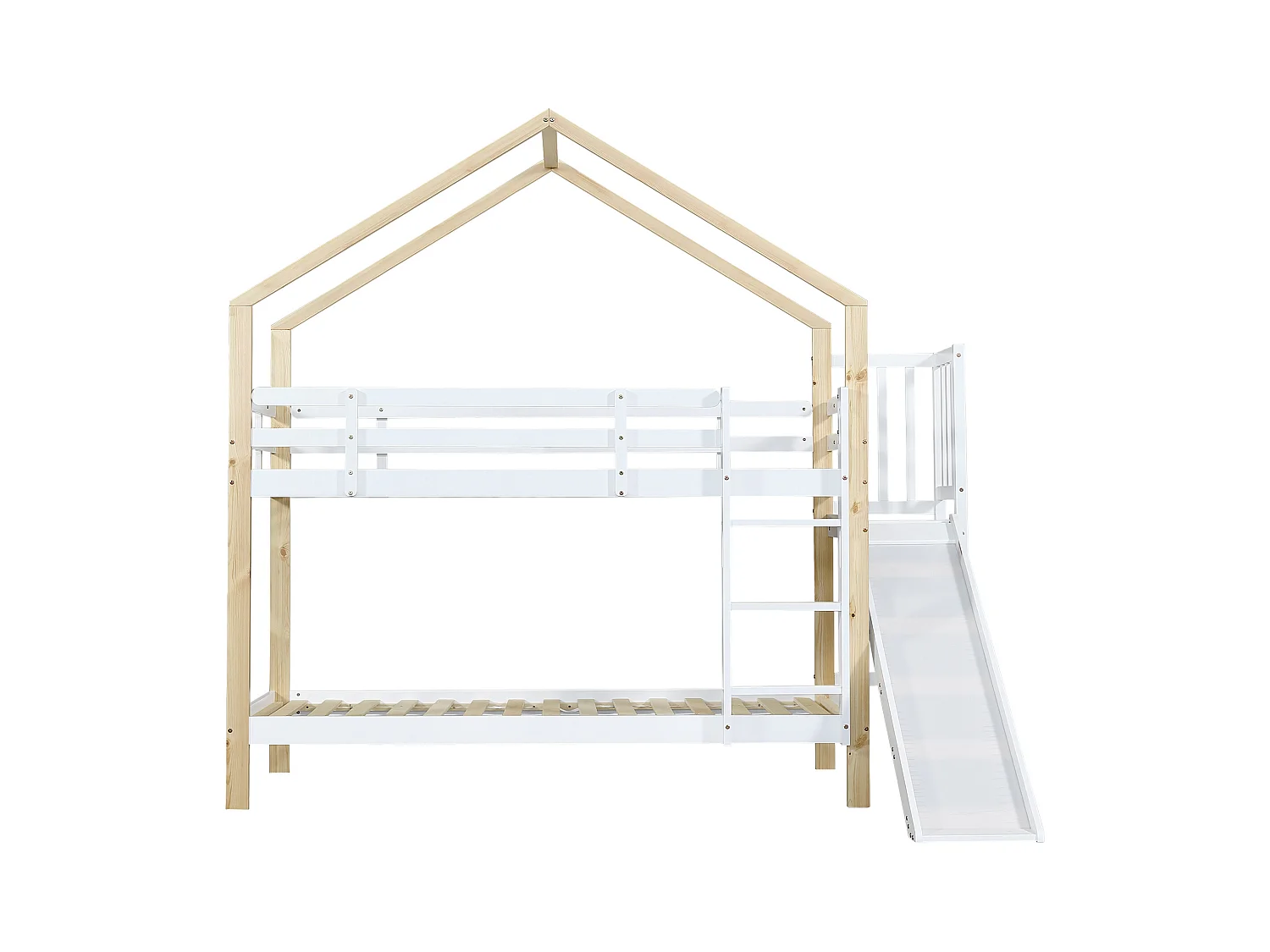 Hochbett 90x200 cm weiß/natur - Mit Rutsche, Ecktreppe, Massivholz-Sicherheitsgeländer