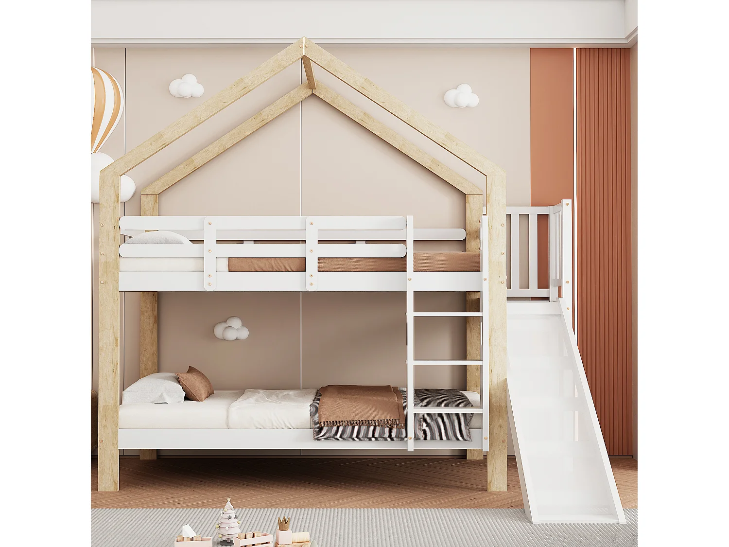 Litera cabina 90x200 cm blanco/natural - Con tobogán, escalera esquinera, barandillas de seguridad de madera maciza