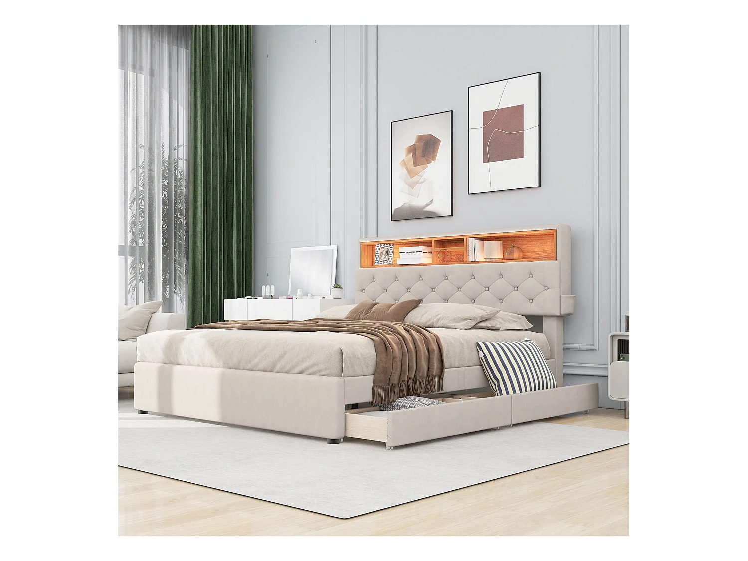 Beige fleece tweepersoonsbed 140x200 cm – Bed met opbergruimte, functioneel hoofdeinde, USB-aansluitingen en LED-verlichting