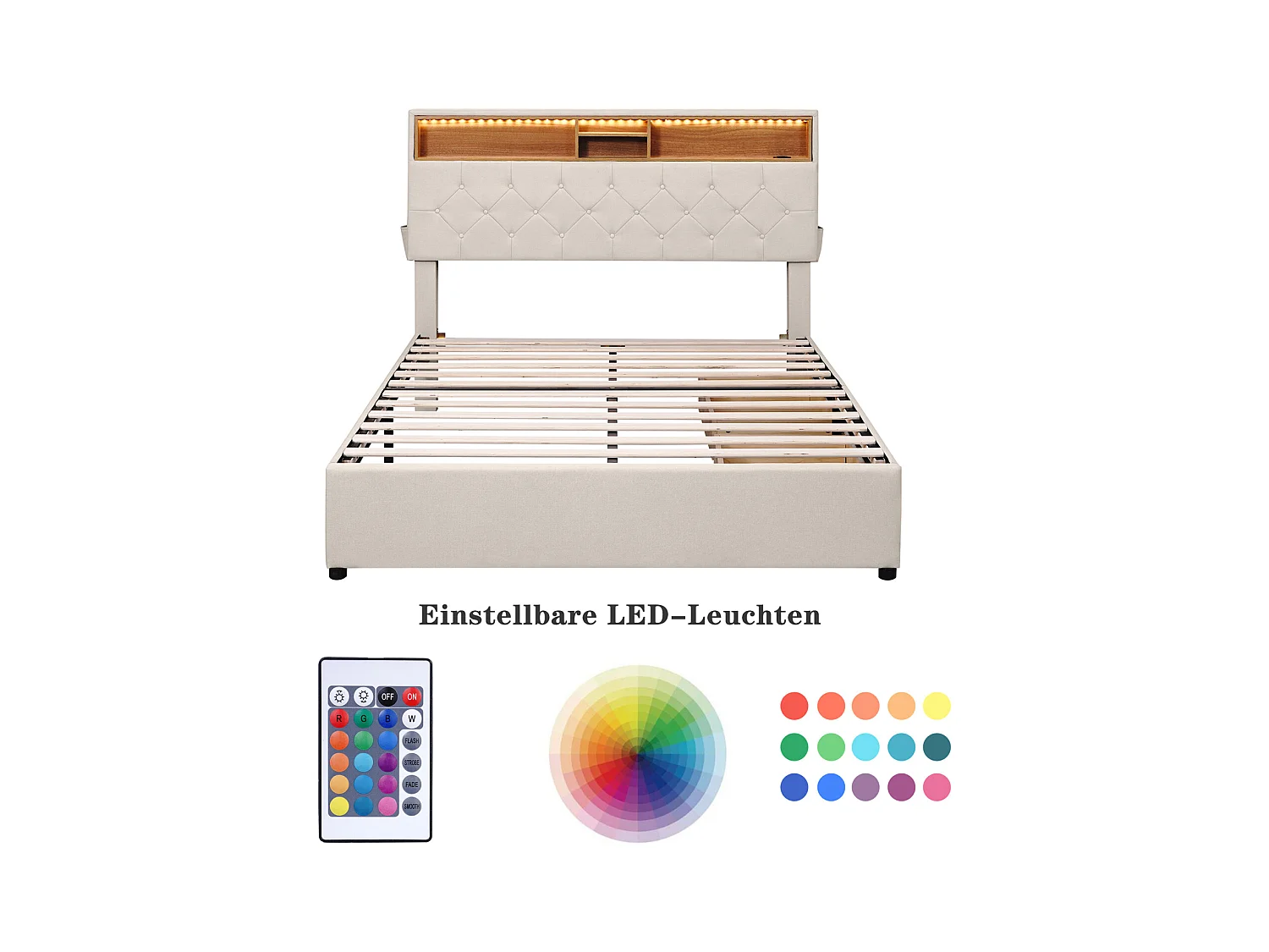 Beige fleece tweepersoonsbed 140x200 cm – Bed met opbergruimte, functioneel hoofdeinde, USB-aansluitingen en LED-verlichting