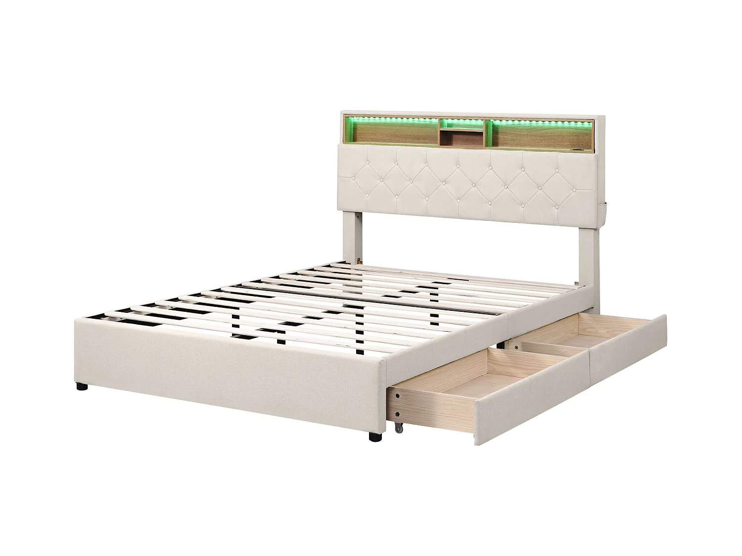 Beige fleece tweepersoonsbed 140x200 cm – Bed met opbergruimte, functioneel hoofdeinde, USB-aansluitingen en LED-verlichting