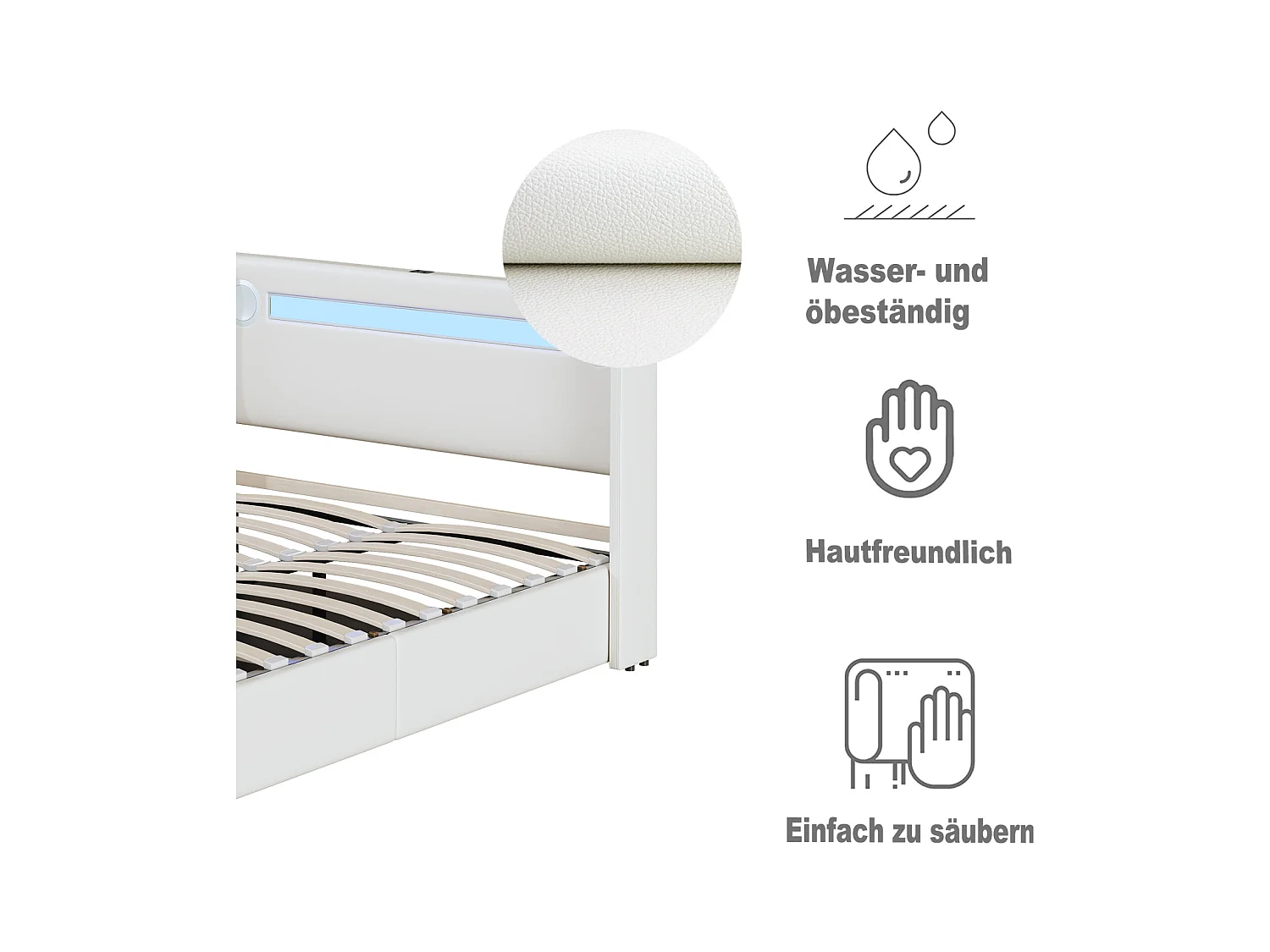 Lit coffre 160x200 cm en PU cuir blanc, éclairage LED, lecteur Bluetooth, port USB, sommier double