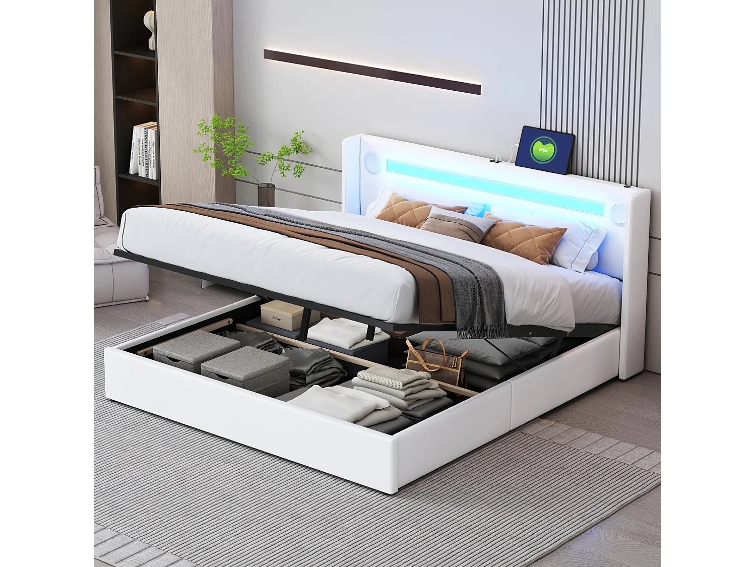 Lit coffre 160x200 cm en PU cuir blanc, éclairage LED, lecteur Bluetooth, port USB, sommier double