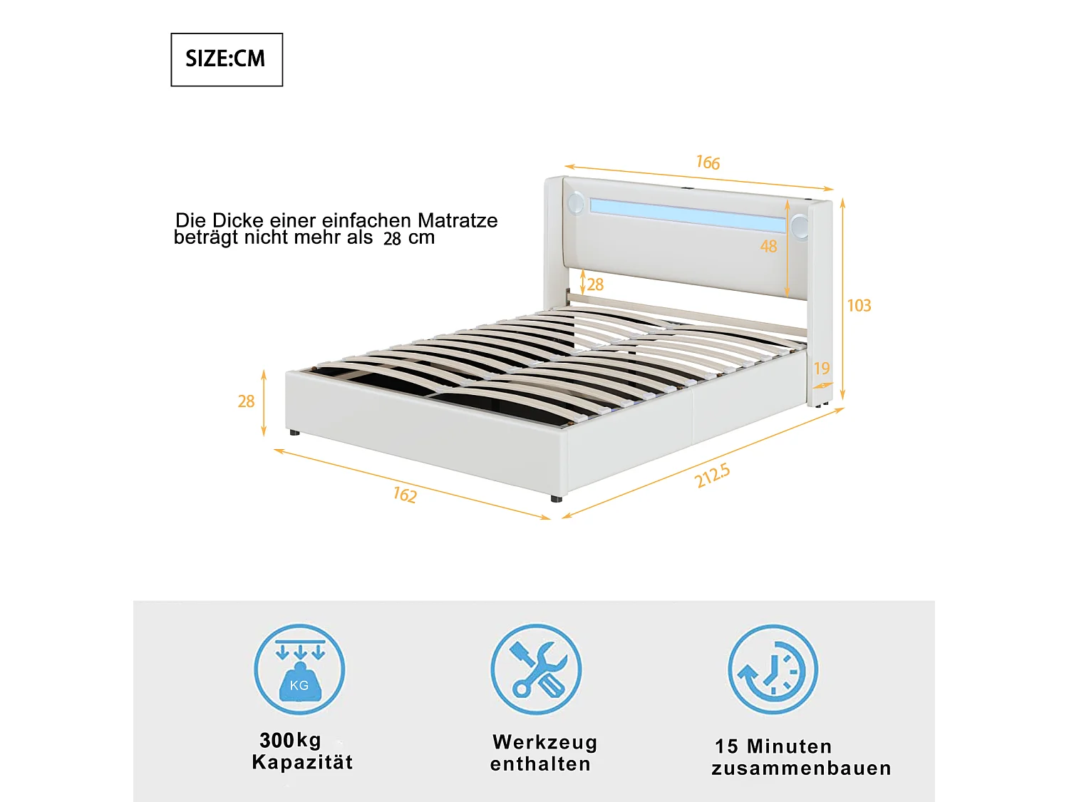 Lit coffre 160x200 cm en PU cuir blanc, éclairage LED, lecteur Bluetooth, port USB, sommier double