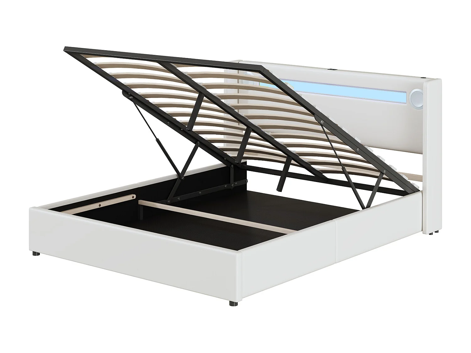 Lit coffre 160x200 cm en PU cuir blanc, éclairage LED, lecteur Bluetooth, port USB, sommier double