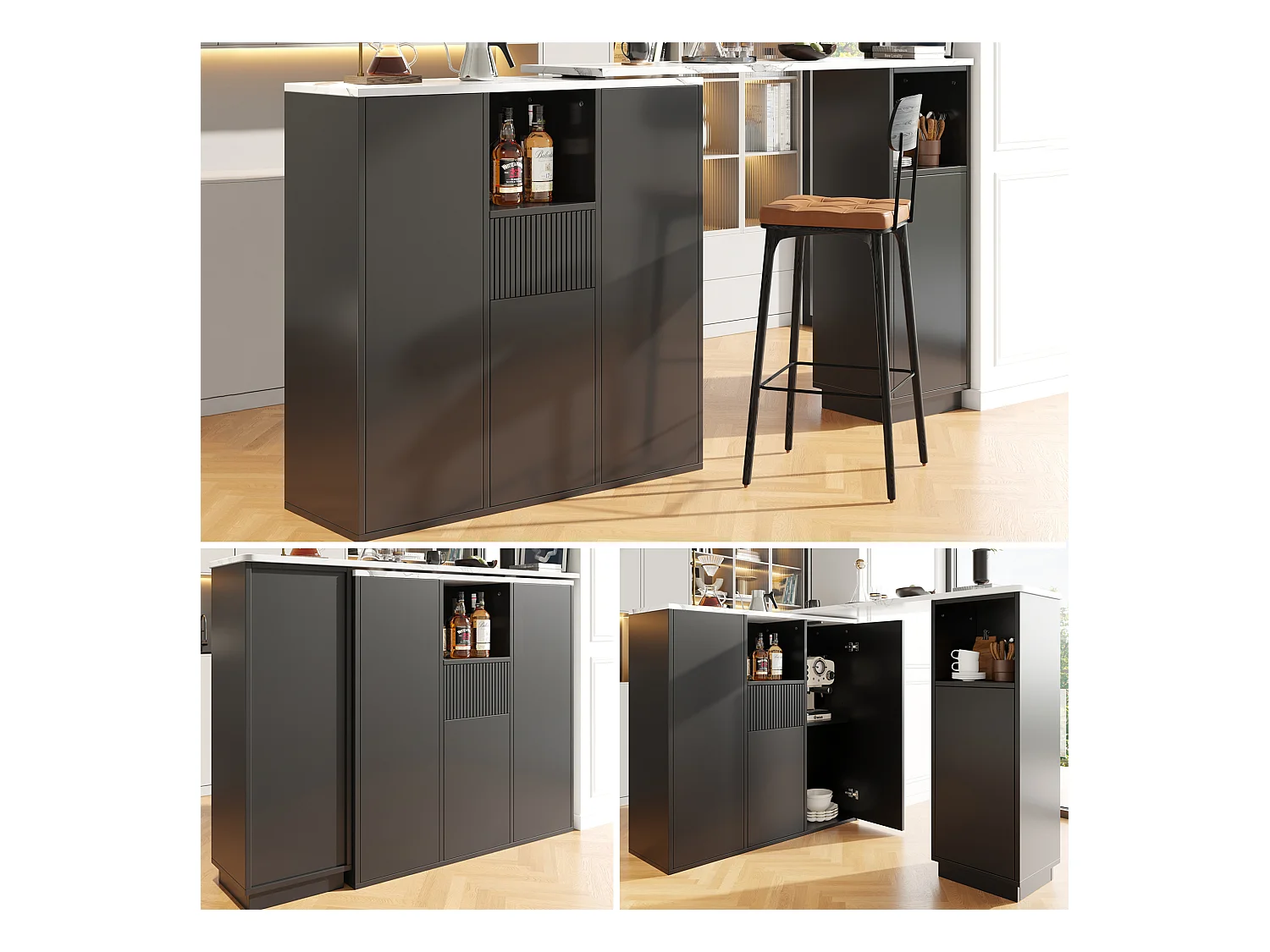 Table de bar rotative - 210 x 30 x 100.9 cm - îlot de cuisine avec portes et tiroir - MDF - noir