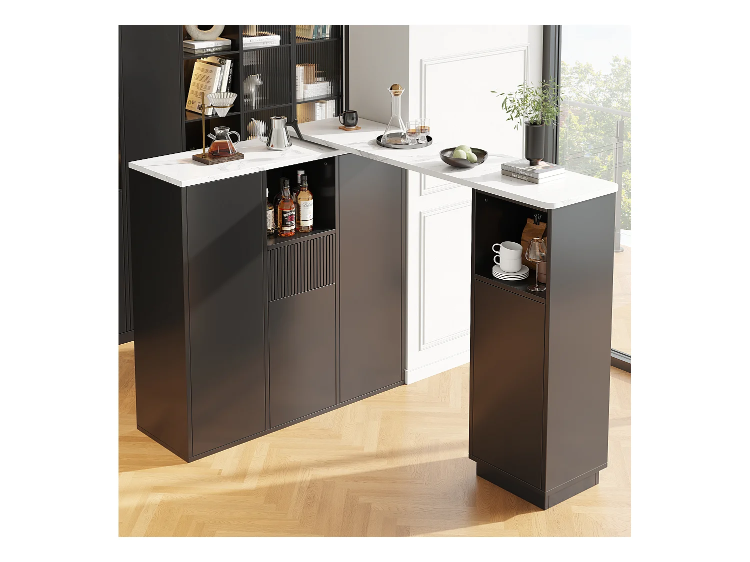 Table de bar rotative - 210 x 30 x 100.9 cm - îlot de cuisine avec portes et tiroir - MDF - noir