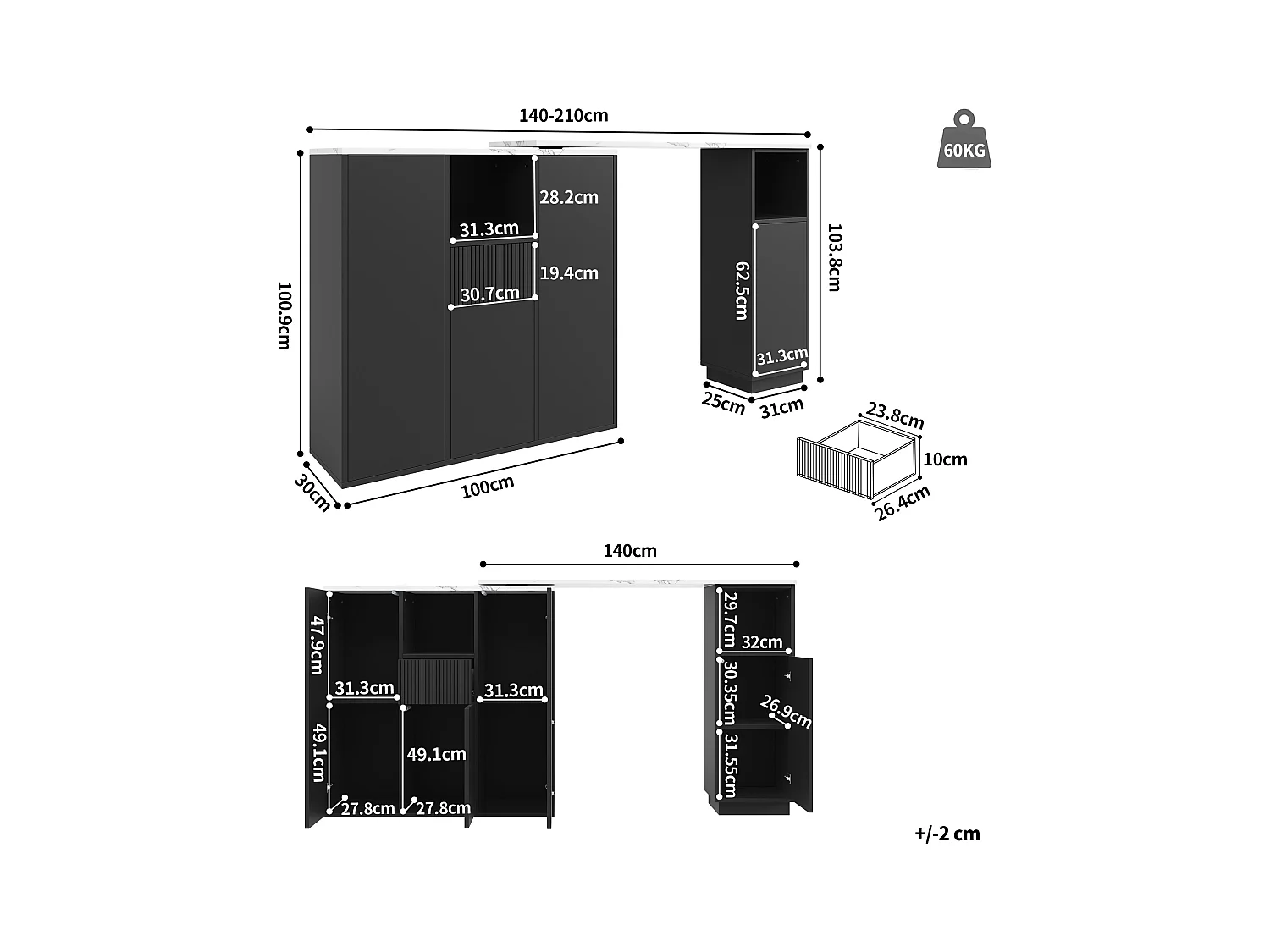 Table de bar rotative - 210 x 30 x 100.9 cm - îlot de cuisine avec portes et tiroir - MDF - noir