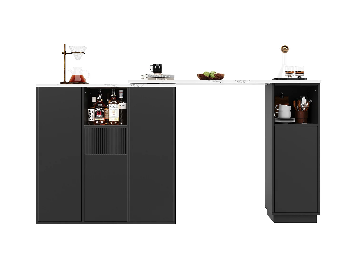 Table de bar rotative - 210 x 30 x 100.9 cm - îlot de cuisine avec portes et tiroir - MDF - noir