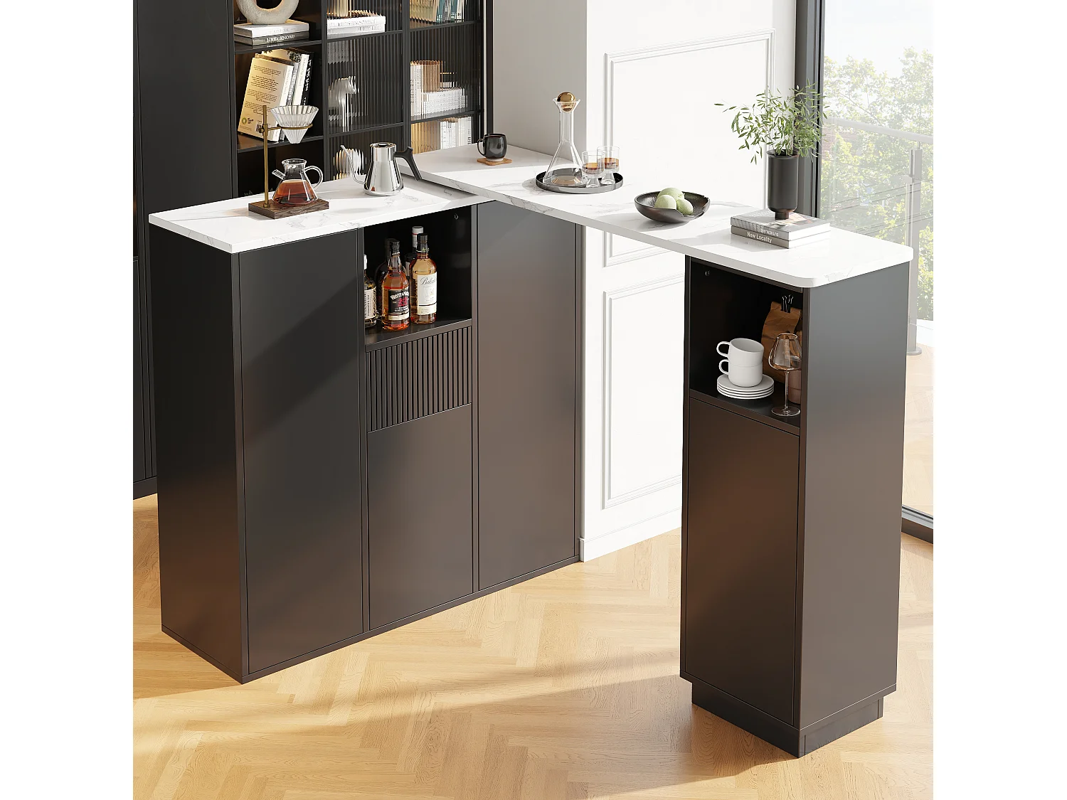 Table de bar rotative - 210 x 30 x 100.9 cm - îlot de cuisine avec portes et tiroir - MDF - noir