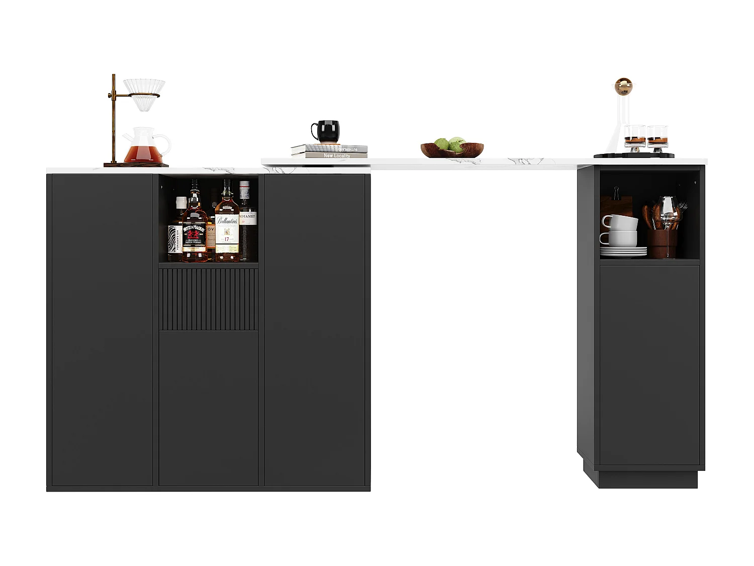 Table de bar rotative - 210 x 30 x 100.9 cm - îlot de cuisine avec portes et tiroir - MDF - noir