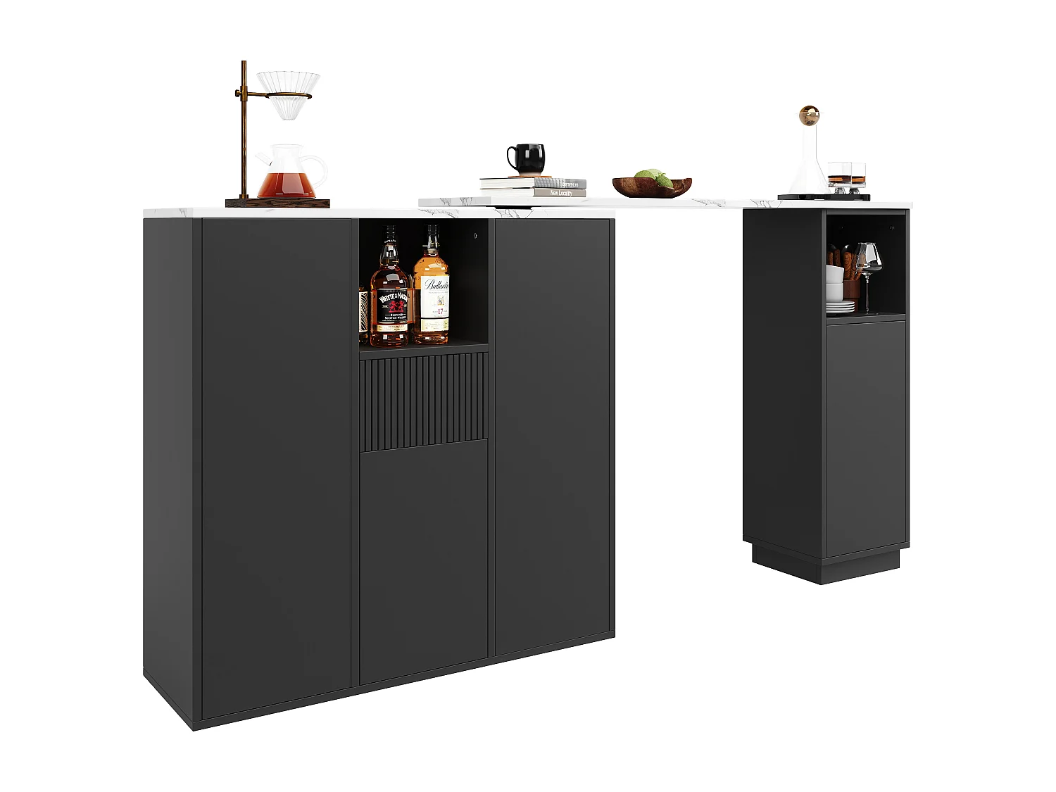 Table de bar rotative - 210 x 30 x 100.9 cm - îlot de cuisine avec portes et tiroir - MDF - noir