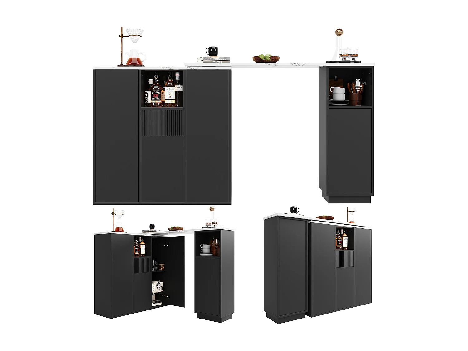 Table de bar rotative - 210 x 30 x 100.9 cm - îlot de cuisine avec portes et tiroir - MDF - noir