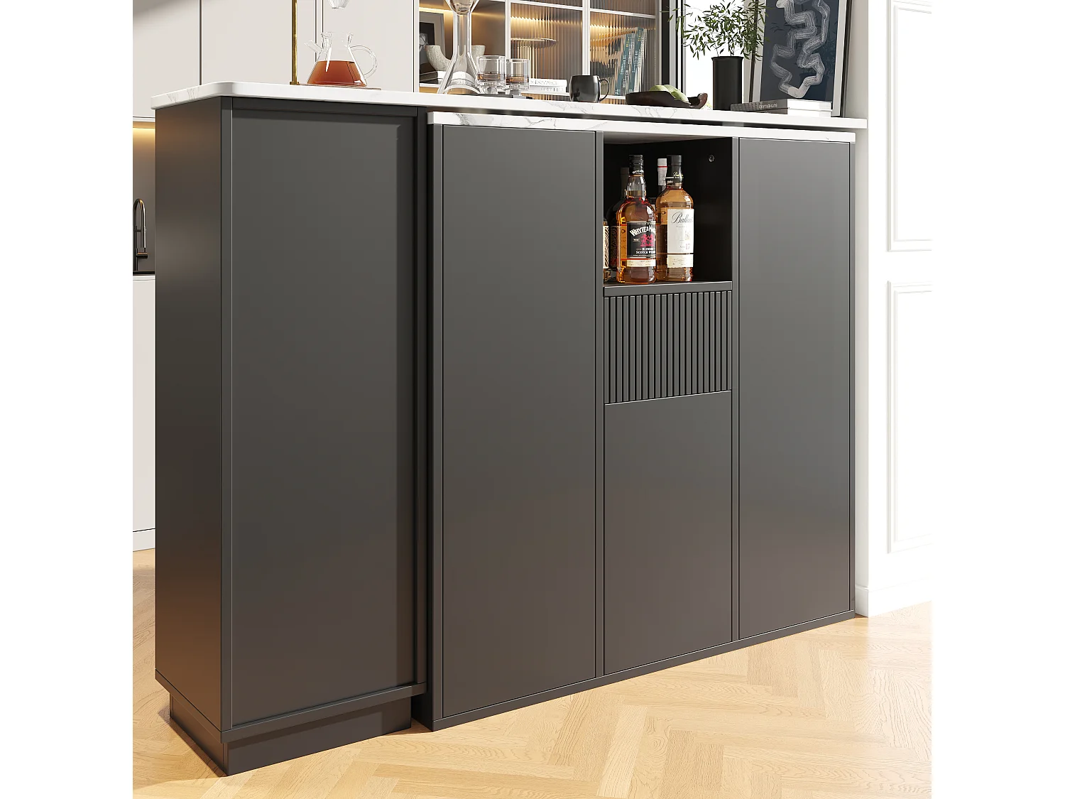 Table de bar rotative - 210 x 30 x 100.9 cm - îlot de cuisine avec portes et tiroir - MDF - noir