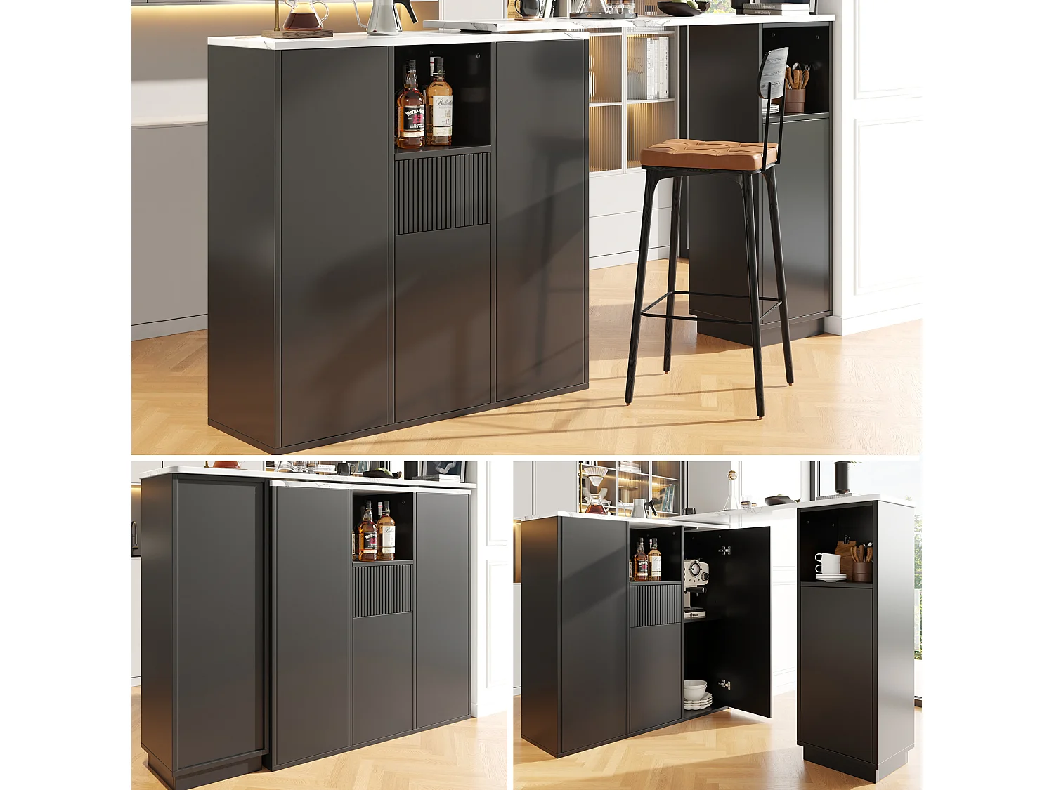 Table de bar rotative - 210 x 30 x 100.9 cm - îlot de cuisine avec portes et tiroir - MDF - noir