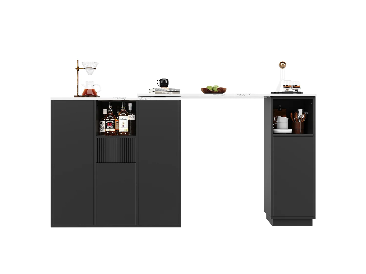 Table de bar rotative - 210 x 30 x 100.9 cm - îlot de cuisine avec portes et tiroir - MDF - noir