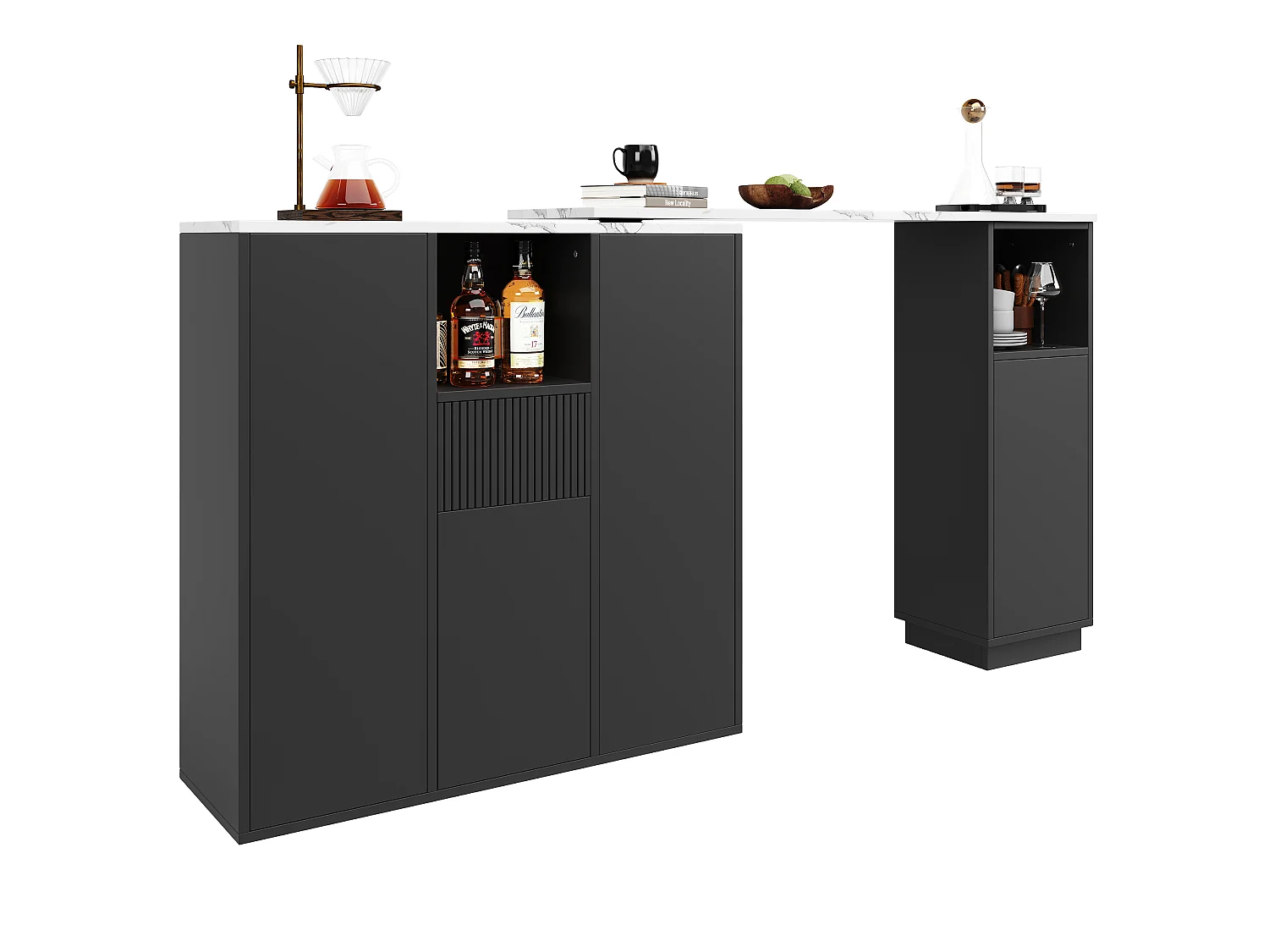Table de bar rotative - 210 x 30 x 100.9 cm - îlot de cuisine avec portes et tiroir - MDF - noir