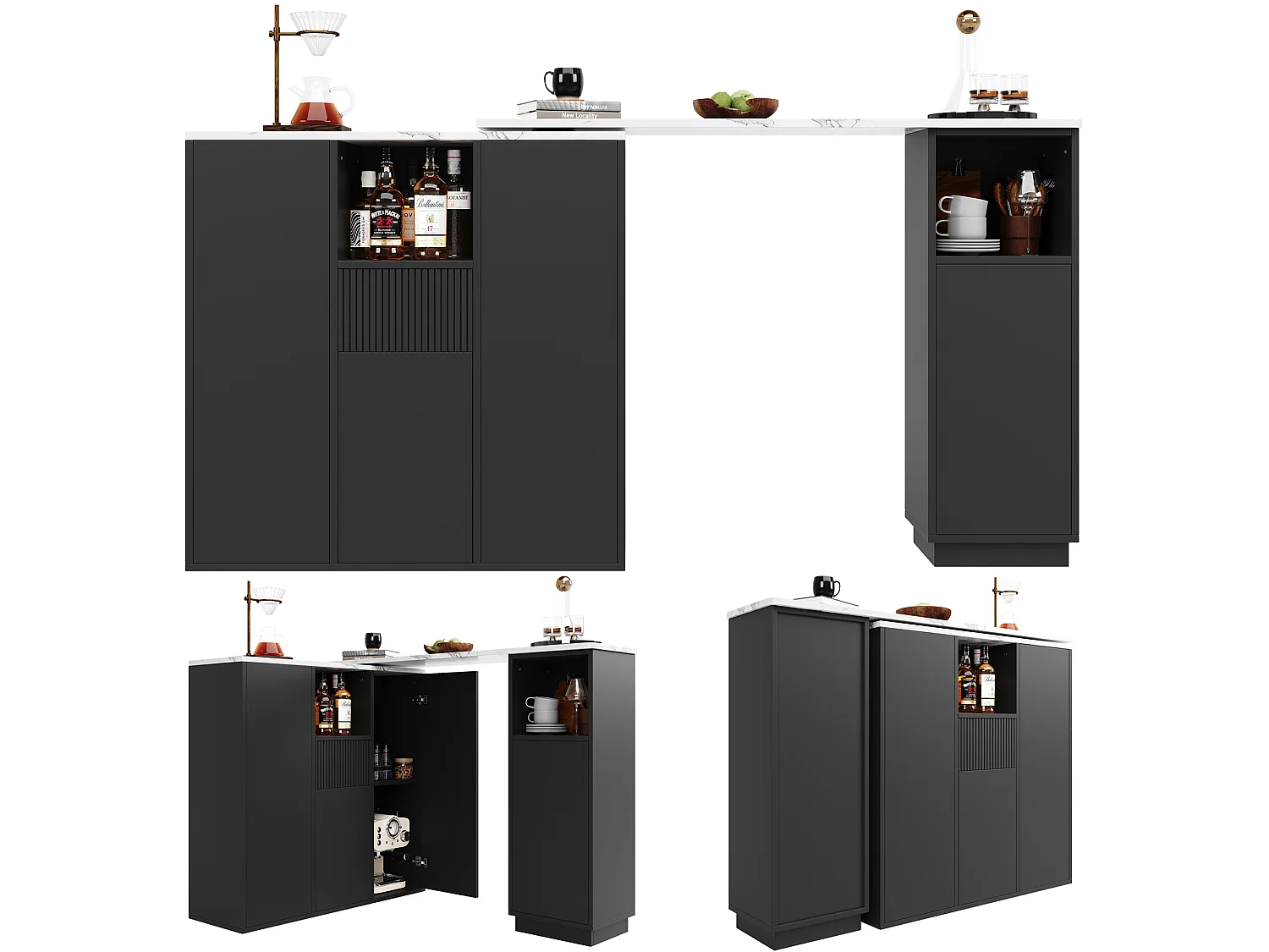 Table de bar rotative - 210 x 30 x 100.9 cm - îlot de cuisine avec portes et tiroir - MDF - noir