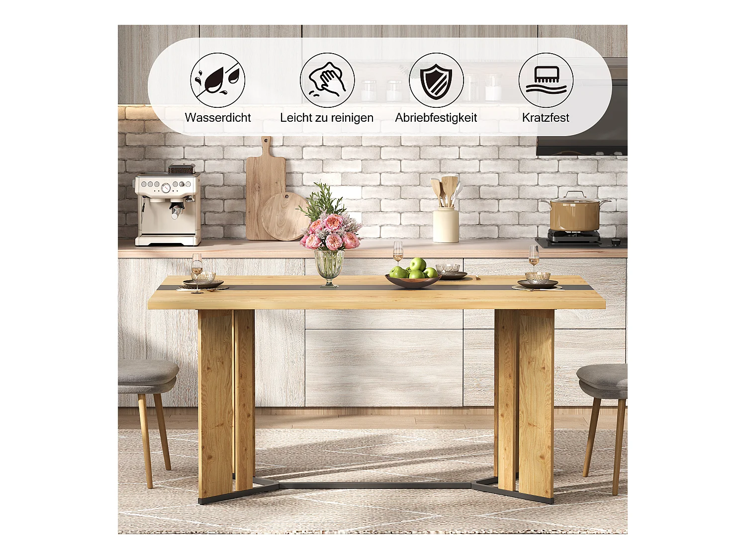 Table à manger en bois de style scandinave - 150 x 80 x 75 cm - veinage chêne - MDF - naturel