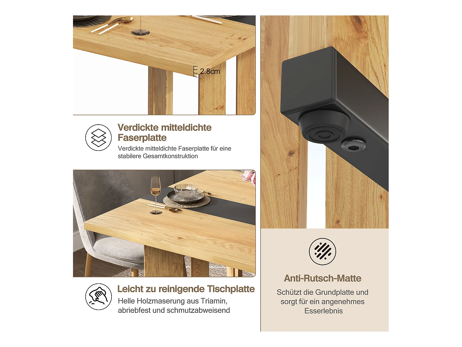Table à manger en bois de style scandinave - 150 x 80 x 75 cm - veinage chêne - MDF - naturel