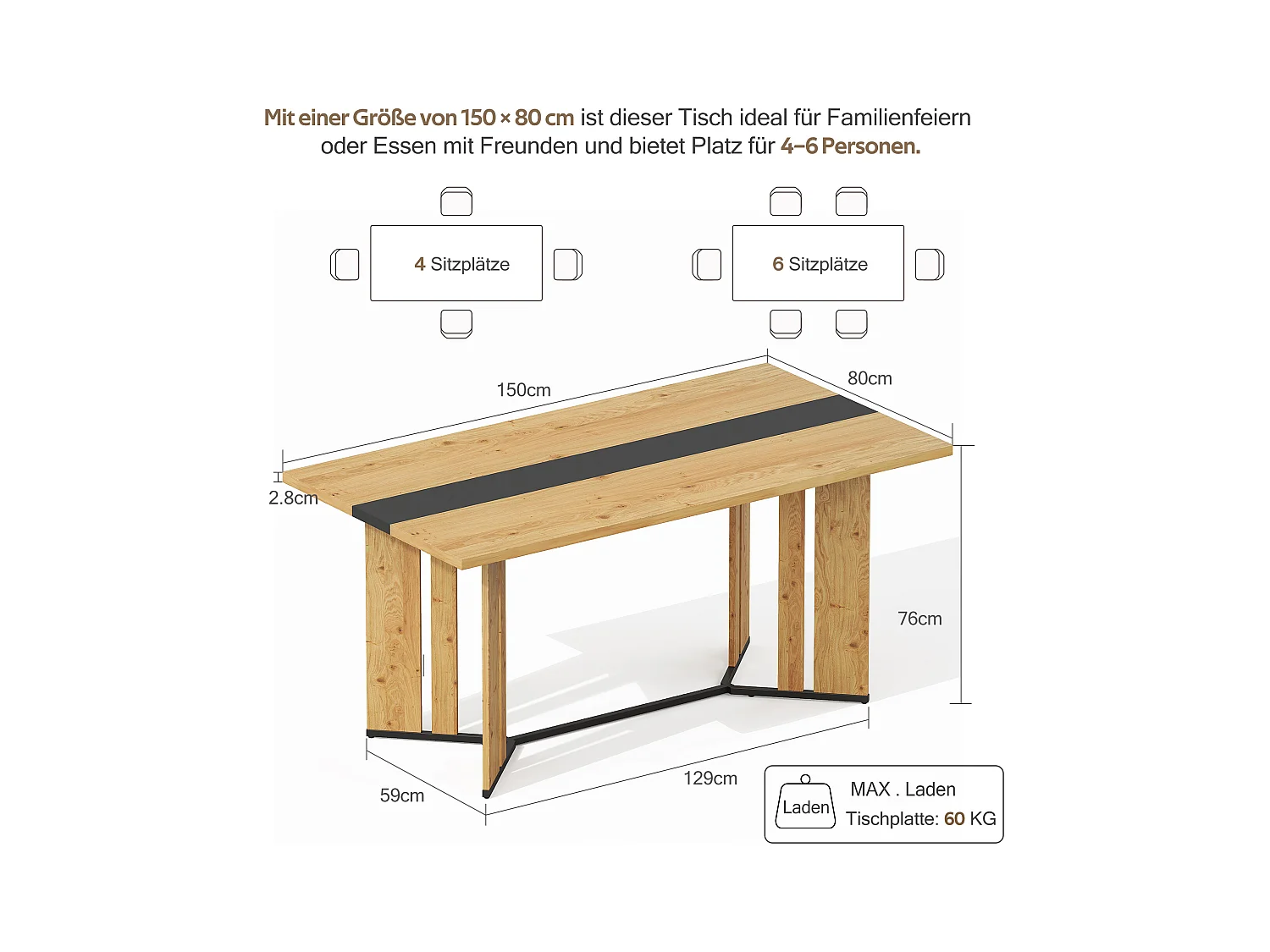 Table à manger en bois de style scandinave - 150 x 80 x 75 cm - veinage chêne - MDF - naturel