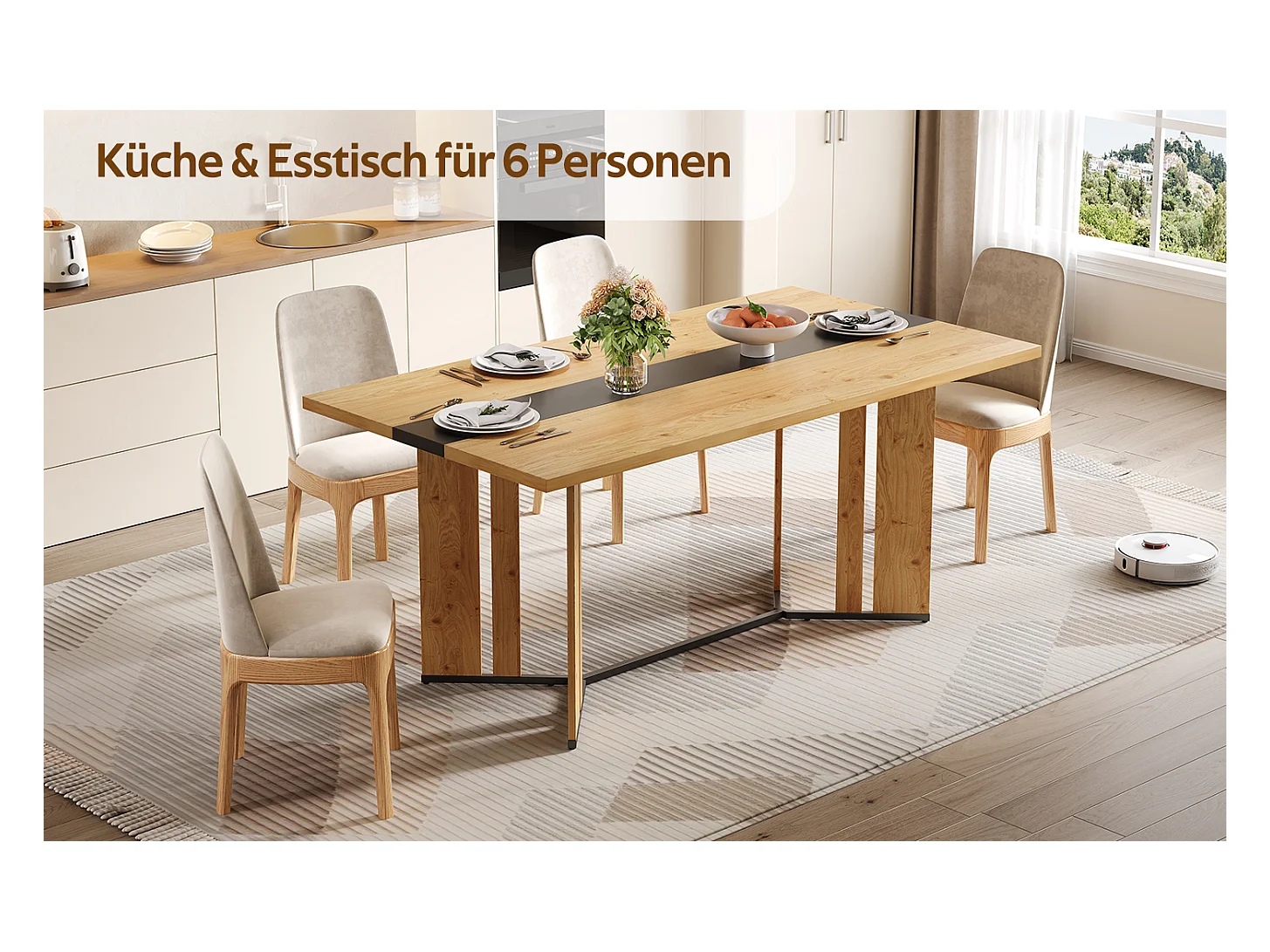 Table à manger en bois de style scandinave - 150 x 80 x 75 cm - veinage chêne - MDF - naturel