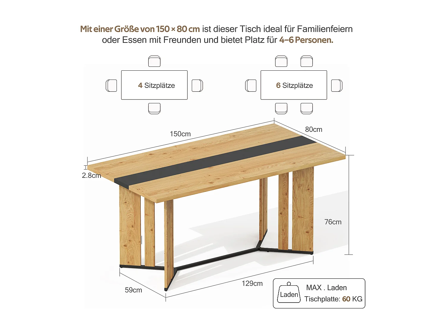 Table à manger en bois de style scandinave - 150 x 80 x 75 cm - veinage chêne - MDF - naturel