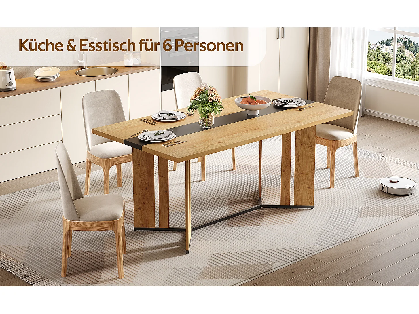 Table à manger en bois de style scandinave - 150 x 80 x 75 cm - veinage chêne - MDF - naturel