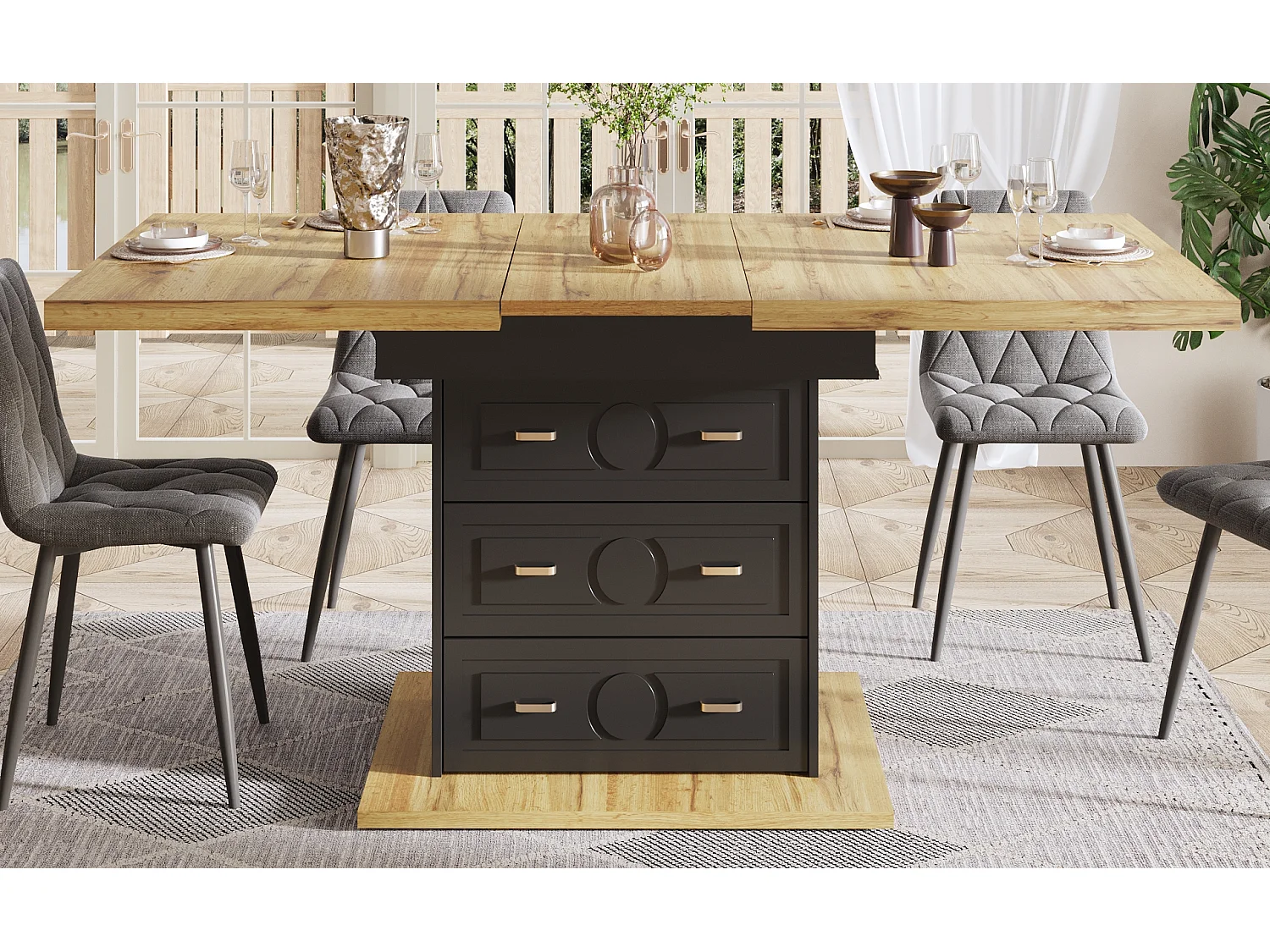 Table à manger extensible 6 places - 110/140 x 80 x 75 cm - avec 1 porte + 2 tiroirs - MDF + métal - naturel