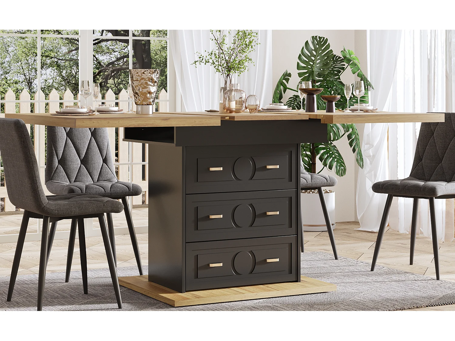 Table à manger extensible 6 places - 110/140 x 80 x 75 cm - avec 1 porte + 2 tiroirs - MDF + métal - naturel