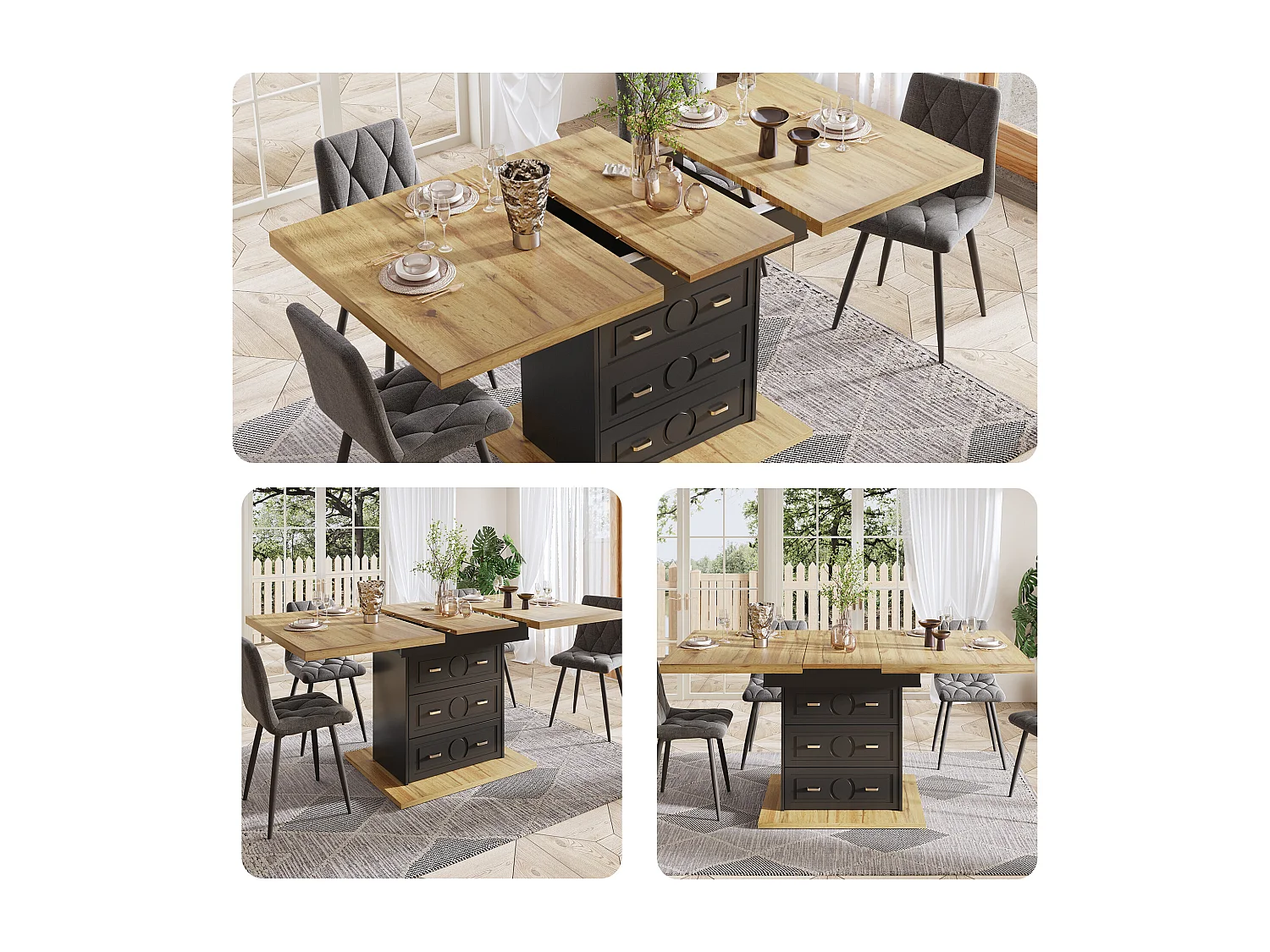 Table à manger extensible 6 places - 110/140 x 80 x 75 cm - avec 1 porte + 2 tiroirs - MDF + métal - naturel