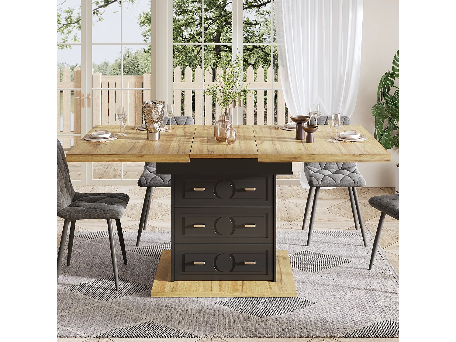 Table à manger extensible 6 places - 110/140 x 80 x 75 cm - avec 1 porte + 2 tiroirs - MDF + métal - naturel