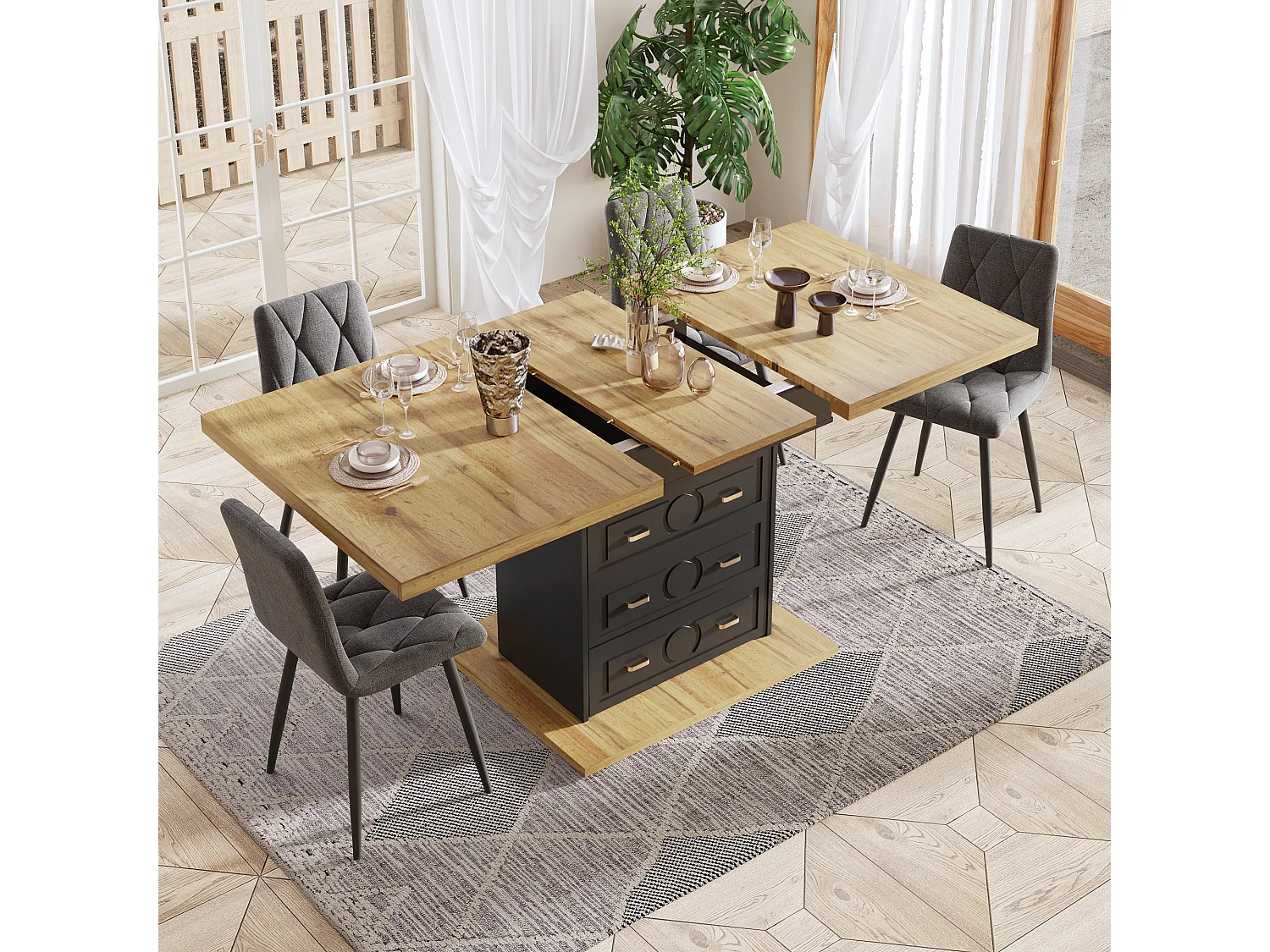 Table à manger extensible 6 places - 110/140 x 80 x 75 cm - avec 1 porte + 2 tiroirs - MDF + métal - naturel