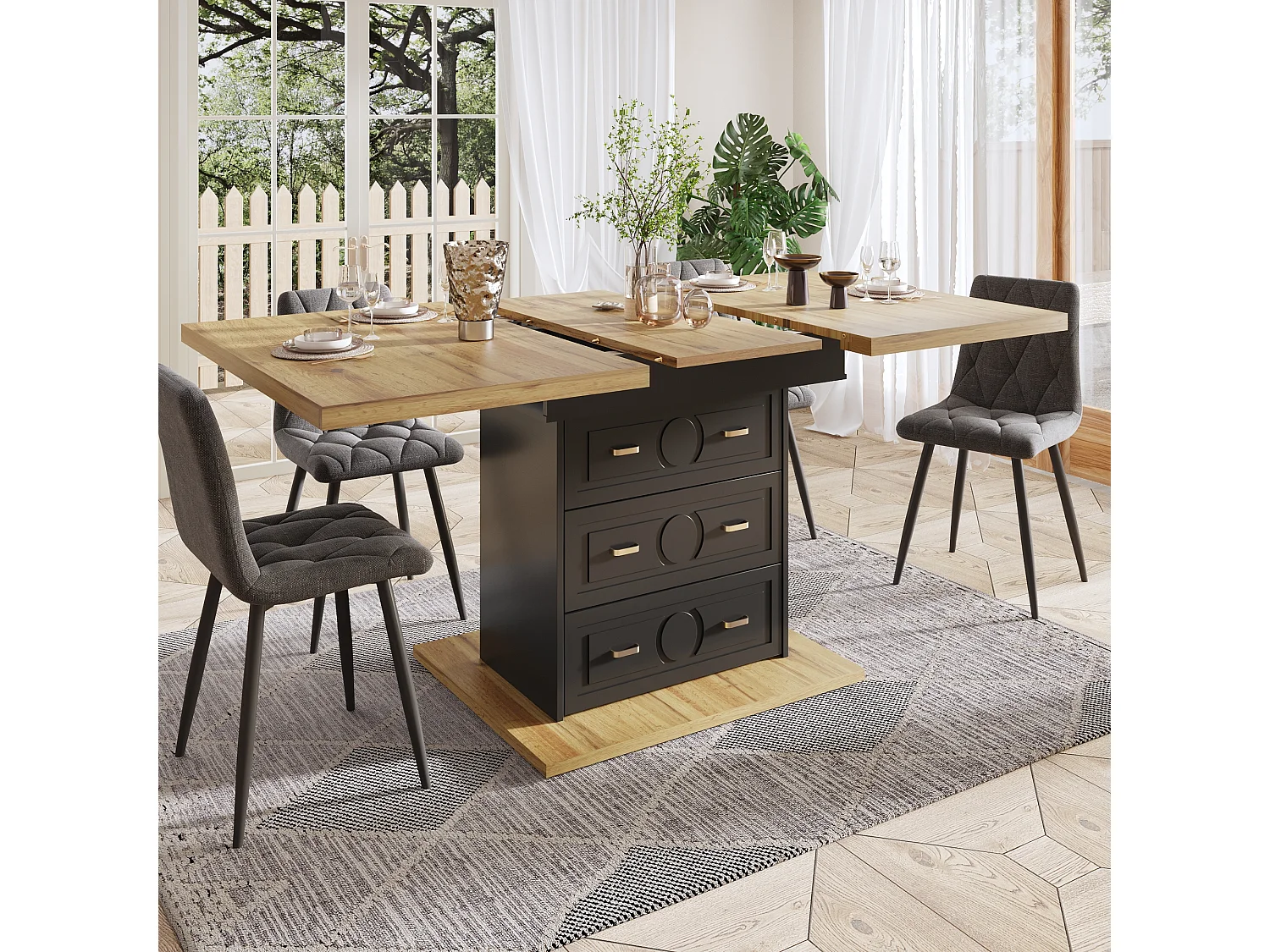 Table à manger extensible 6 places - 110/140 x 80 x 75 cm - avec 1 porte + 2 tiroirs - MDF + métal - naturel