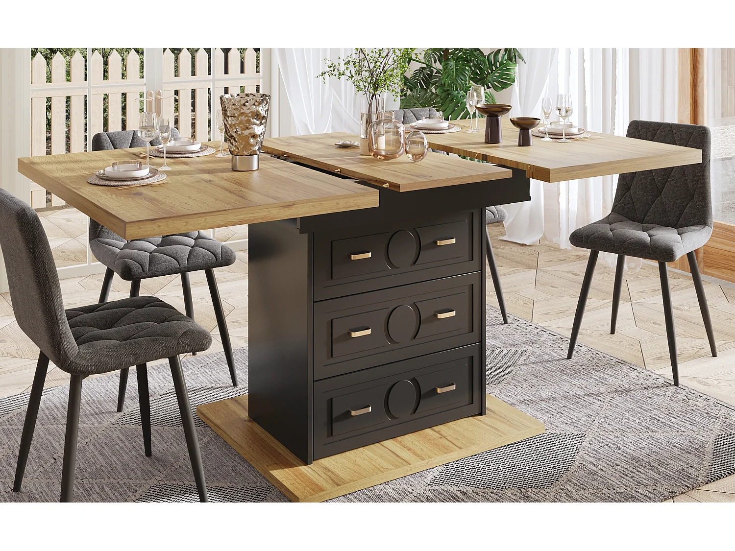 Table à manger extensible 6 places - 110/140 x 80 x 75 cm - avec 1 porte + 2 tiroirs - MDF + métal - naturel