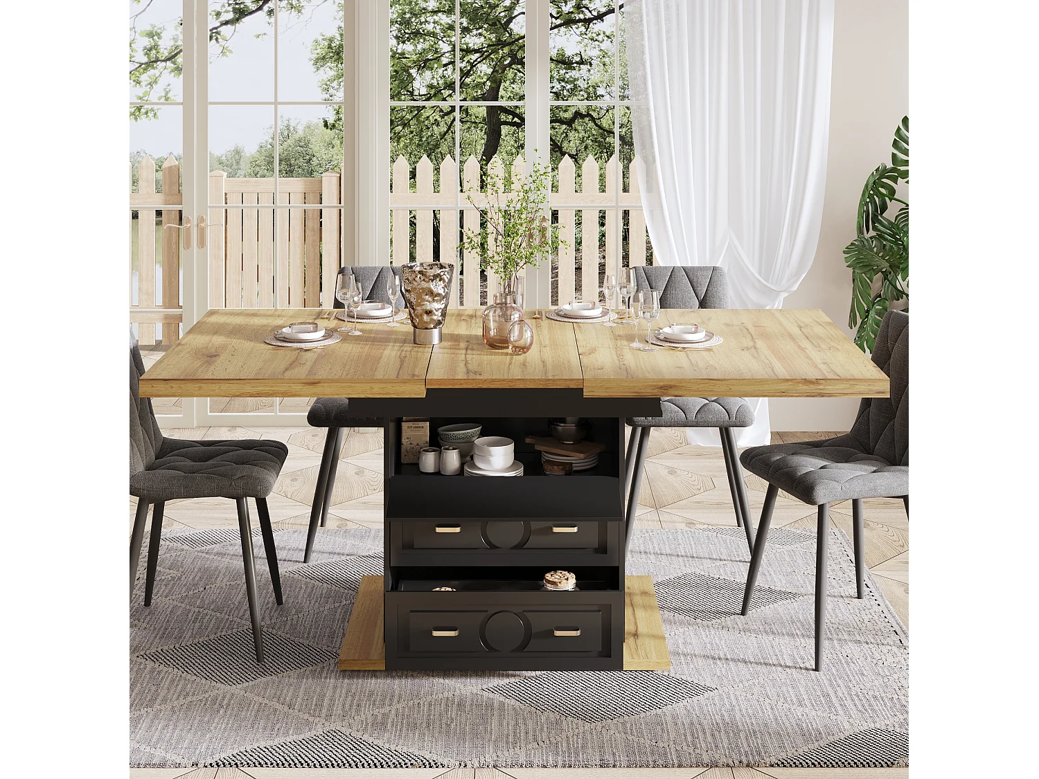 Table à manger extensible 6 places - 110/140 x 80 x 75 cm - avec 1 porte + 2 tiroirs - MDF + métal - naturel