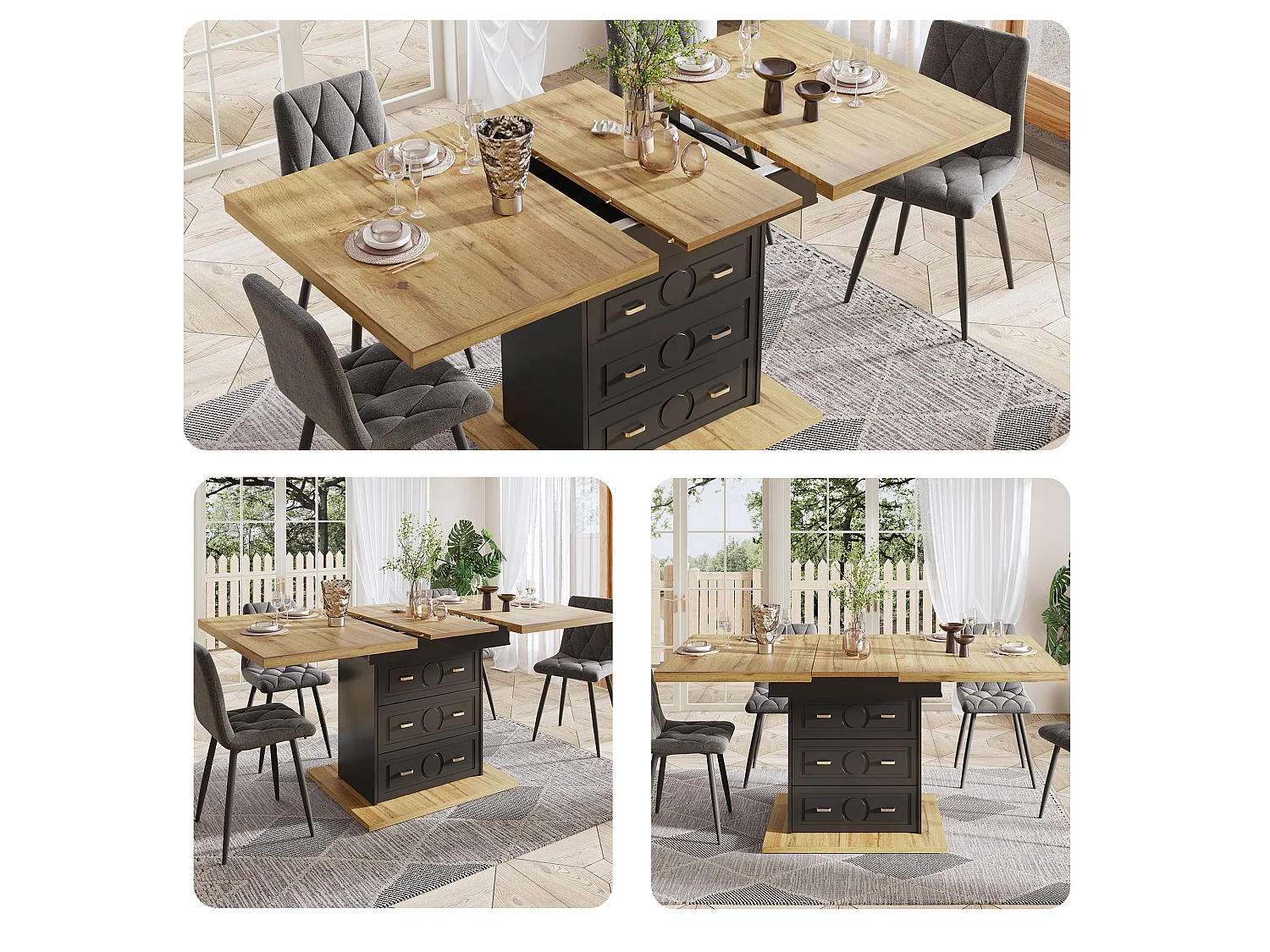 Uitschuifbare eettafel voor 6 personen - 110/140 x 80 x 75 cm - met 1 deur + 2 laden - MDF + metaal - naturel