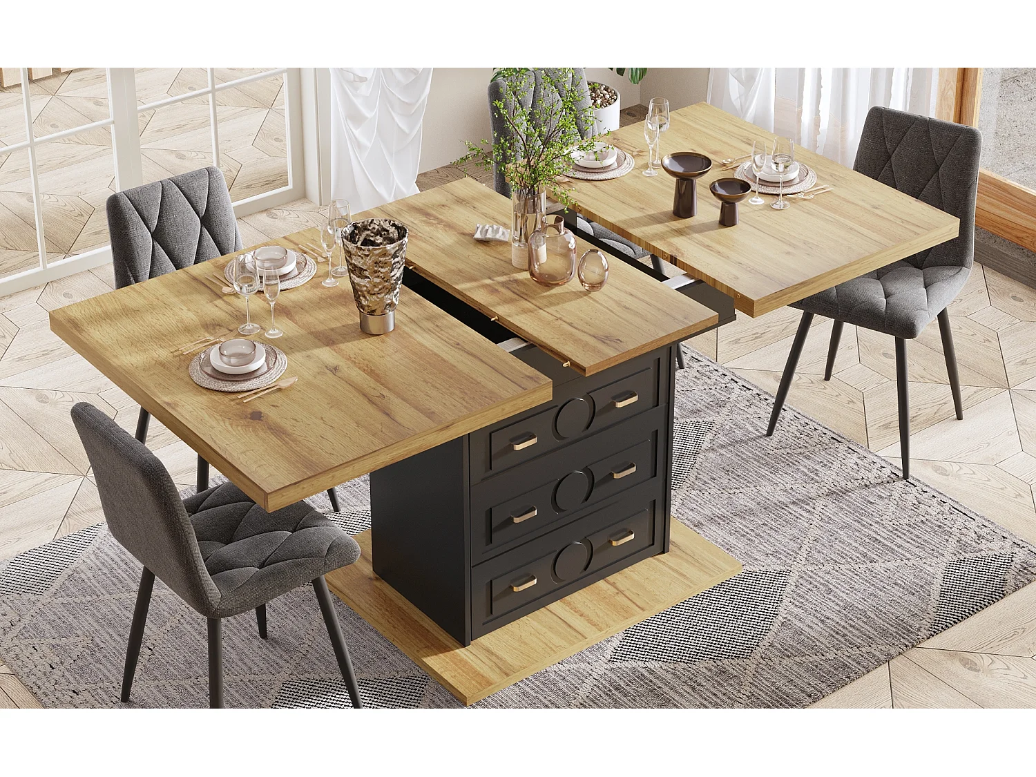 Uitschuifbare eettafel voor 6 personen - 110/140 x 80 x 75 cm - met 1 deur + 2 laden - MDF + metaal - naturel