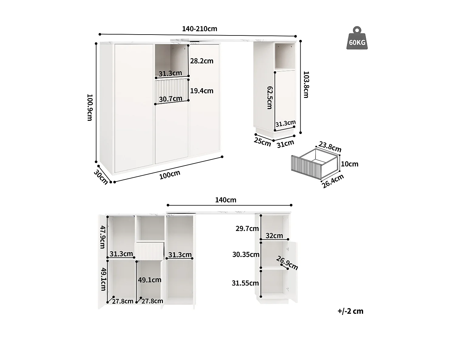 Draaibare bartafel - 210 x 30 x 100,9 cm - kookeiland met deuren en lade - MDF - wit