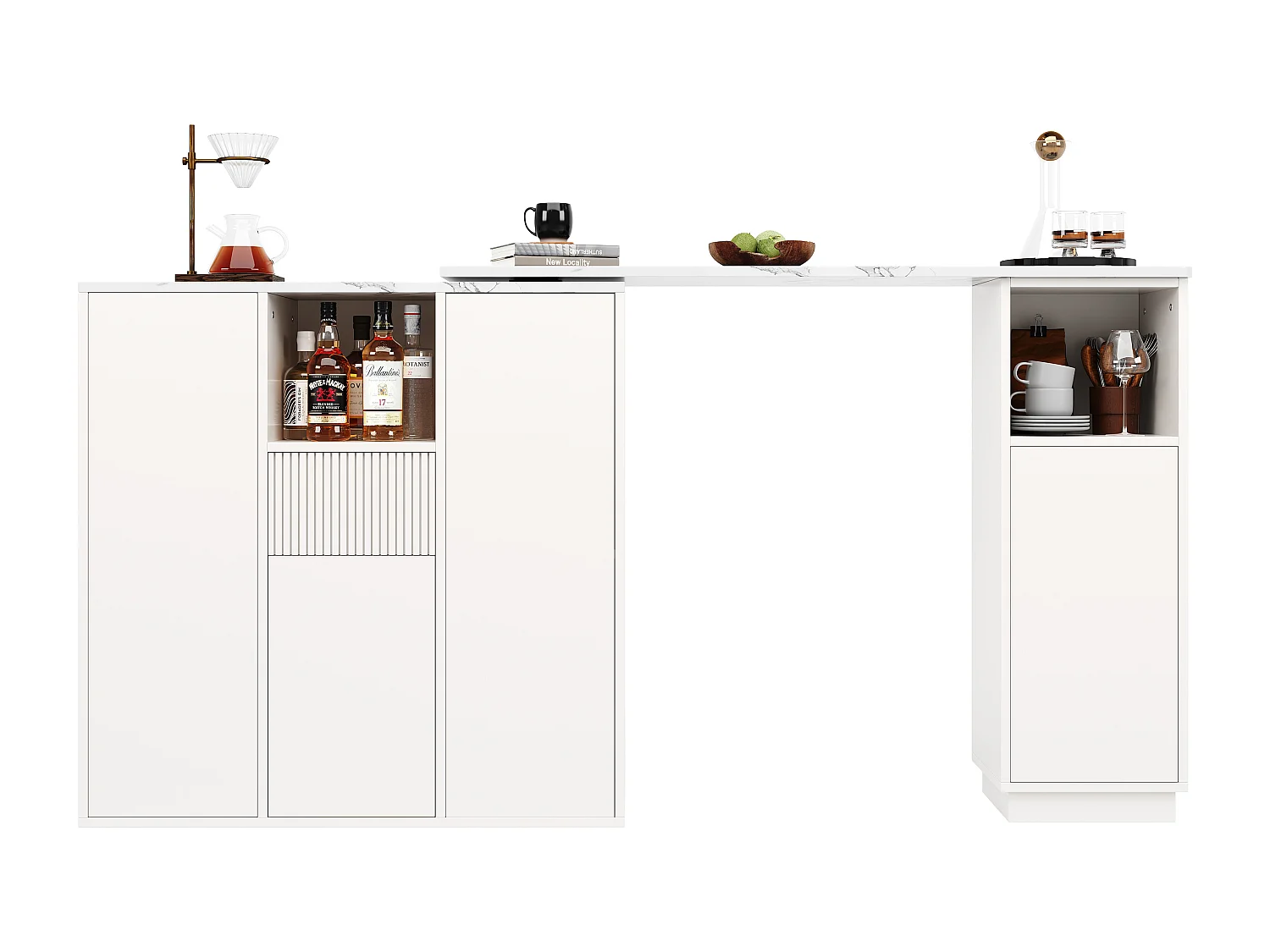 Table de bar rotative - 210 x 30 x 100.9 cm - îlot de cuisine avec portes et tiroir - MDF - blanc