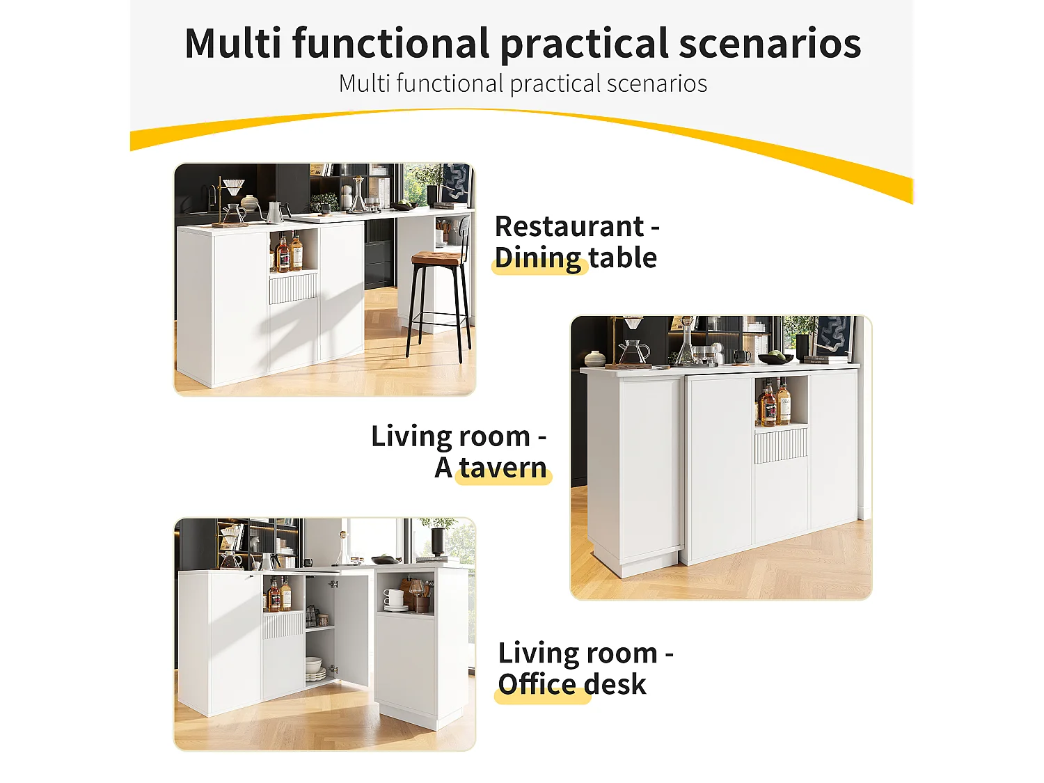 Table de bar rotative - 210 x 30 x 100.9 cm - îlot de cuisine avec portes et tiroir - MDF - blanc