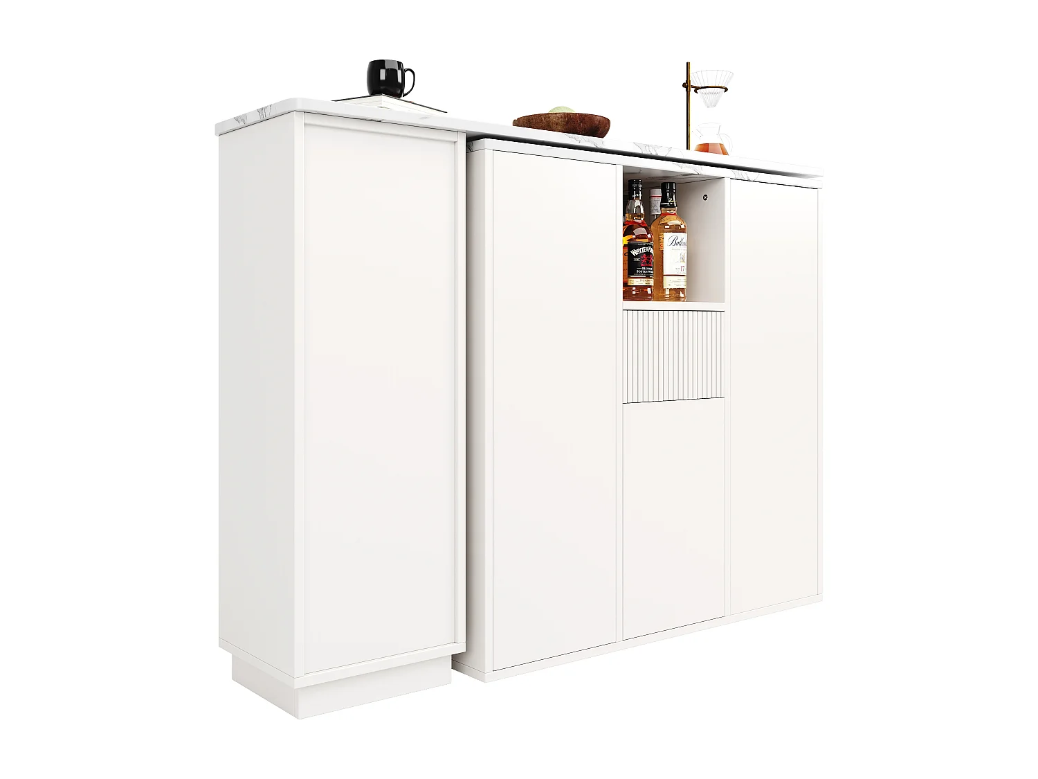 Table de bar rotative - 210 x 30 x 100.9 cm - îlot de cuisine avec portes et tiroir - MDF - blanc