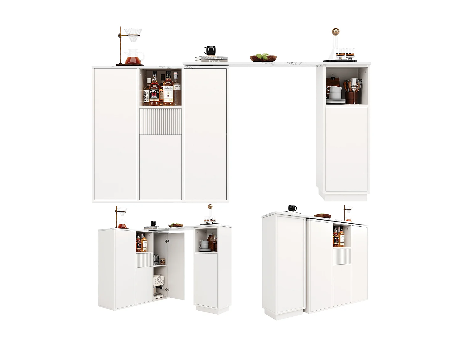 Table de bar rotative - 210 x 30 x 100.9 cm - îlot de cuisine avec portes et tiroir - MDF - blanc