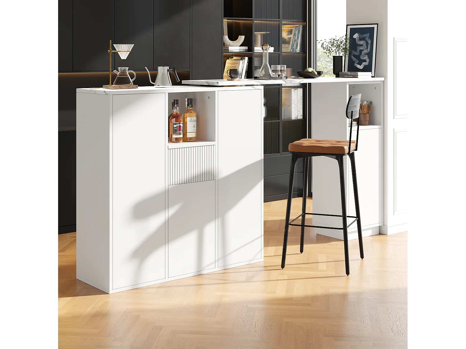 Table de bar rotative - 210 x 30 x 100.9 cm - îlot de cuisine avec portes et tiroir - MDF - blanc