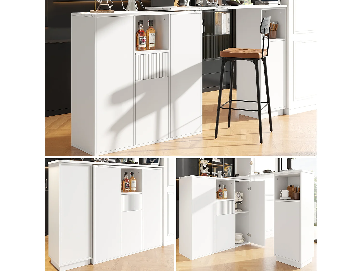 Table de bar rotative - 210 x 30 x 100.9 cm - îlot de cuisine avec portes et tiroir - MDF - blanc