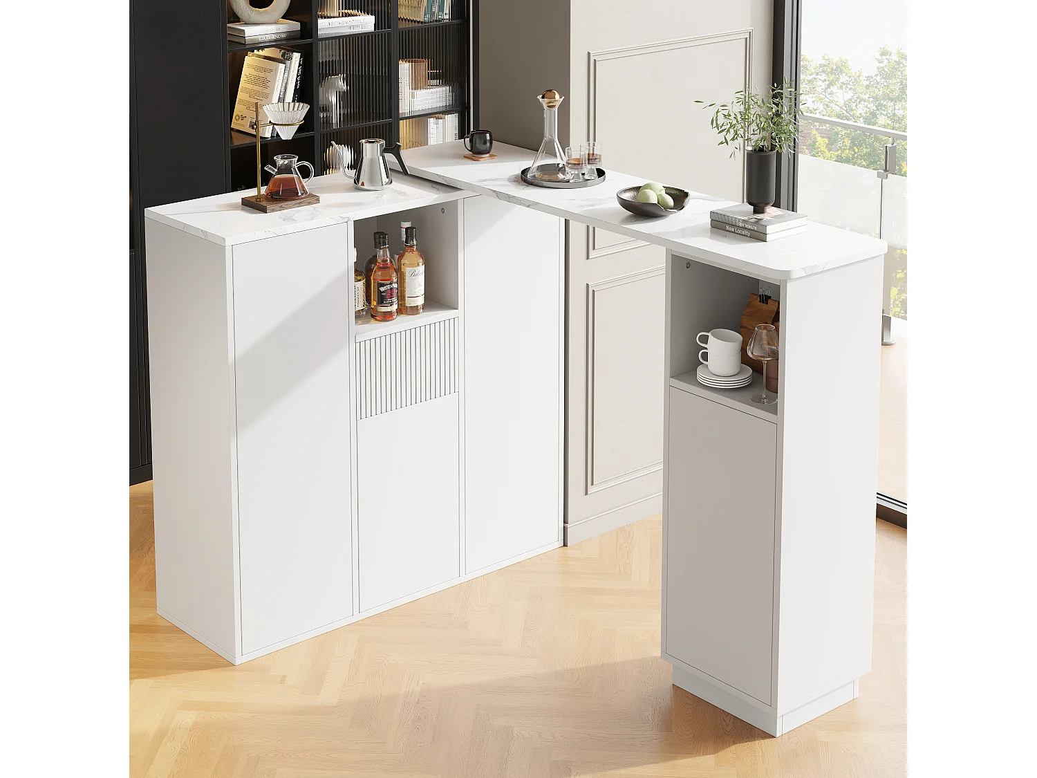 Table de bar rotative - 210 x 30 x 100.9 cm - îlot de cuisine avec portes et tiroir - MDF - blanc