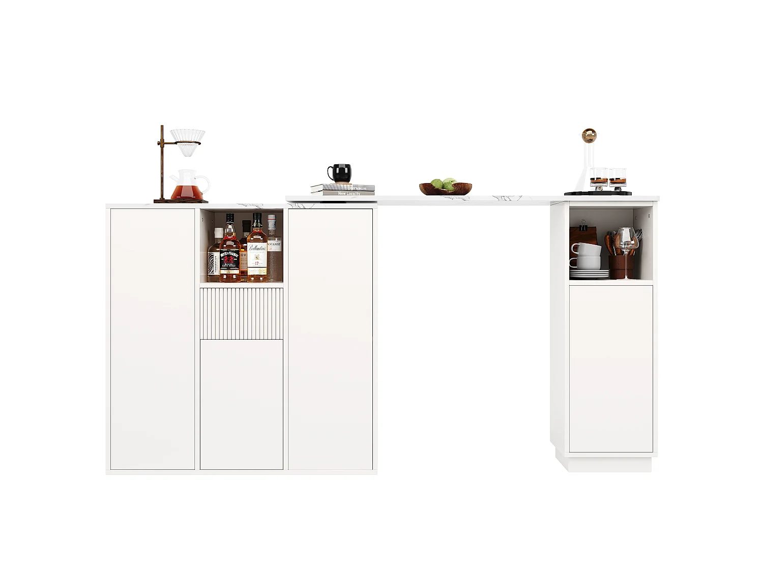 Table de bar rotative - 210 x 30 x 100.9 cm - îlot de cuisine avec portes et tiroir - MDF - blanc