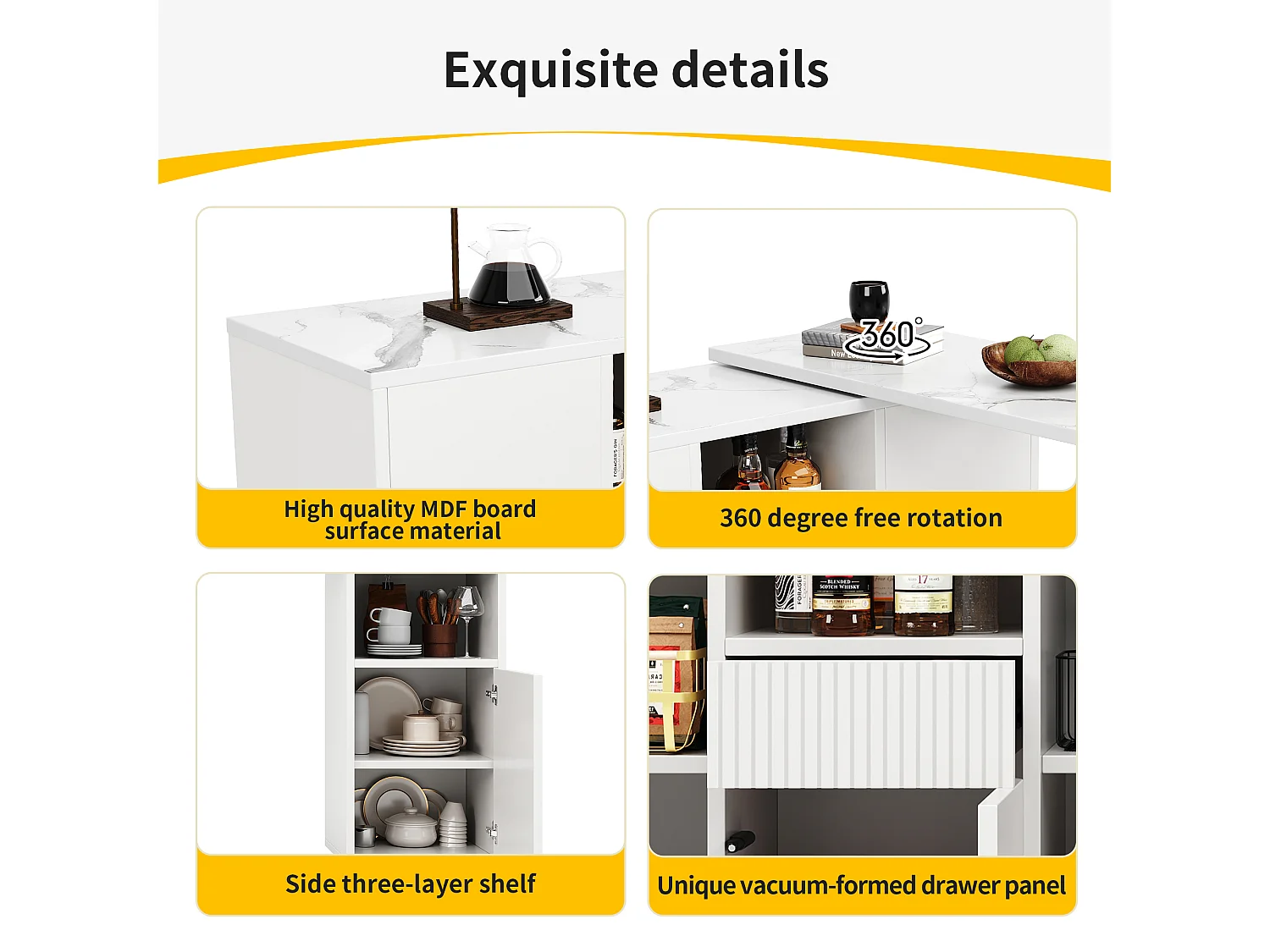 Table de bar rotative - 210 x 30 x 100.9 cm - îlot de cuisine avec portes et tiroir - MDF - blanc