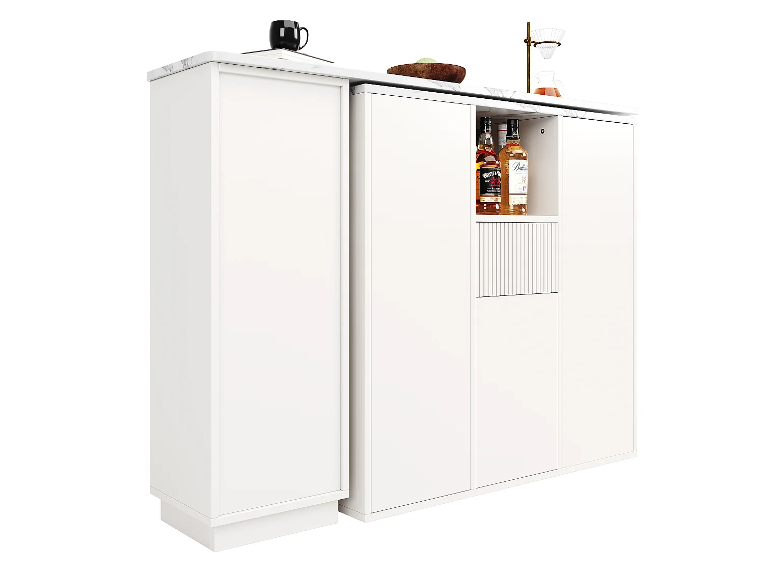Table de bar rotative - 210 x 30 x 100.9 cm - îlot de cuisine avec portes et tiroir - MDF - blanc