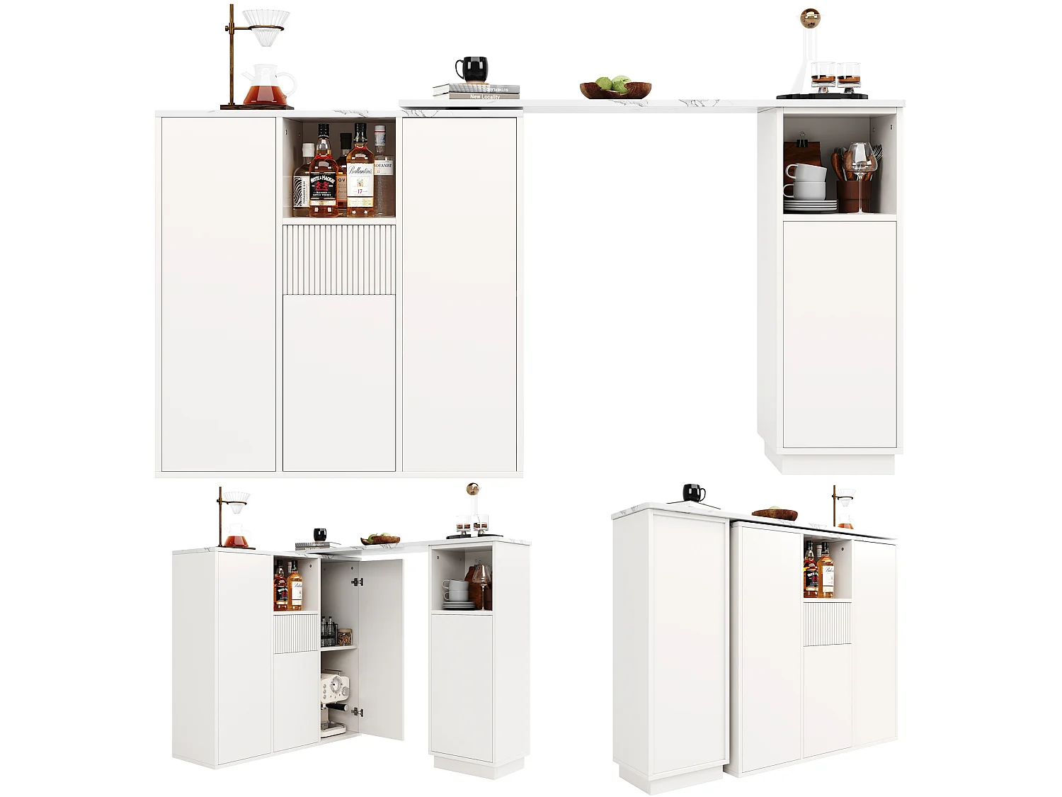 Table de bar rotative - 210 x 30 x 100.9 cm - îlot de cuisine avec portes et tiroir - MDF - blanc